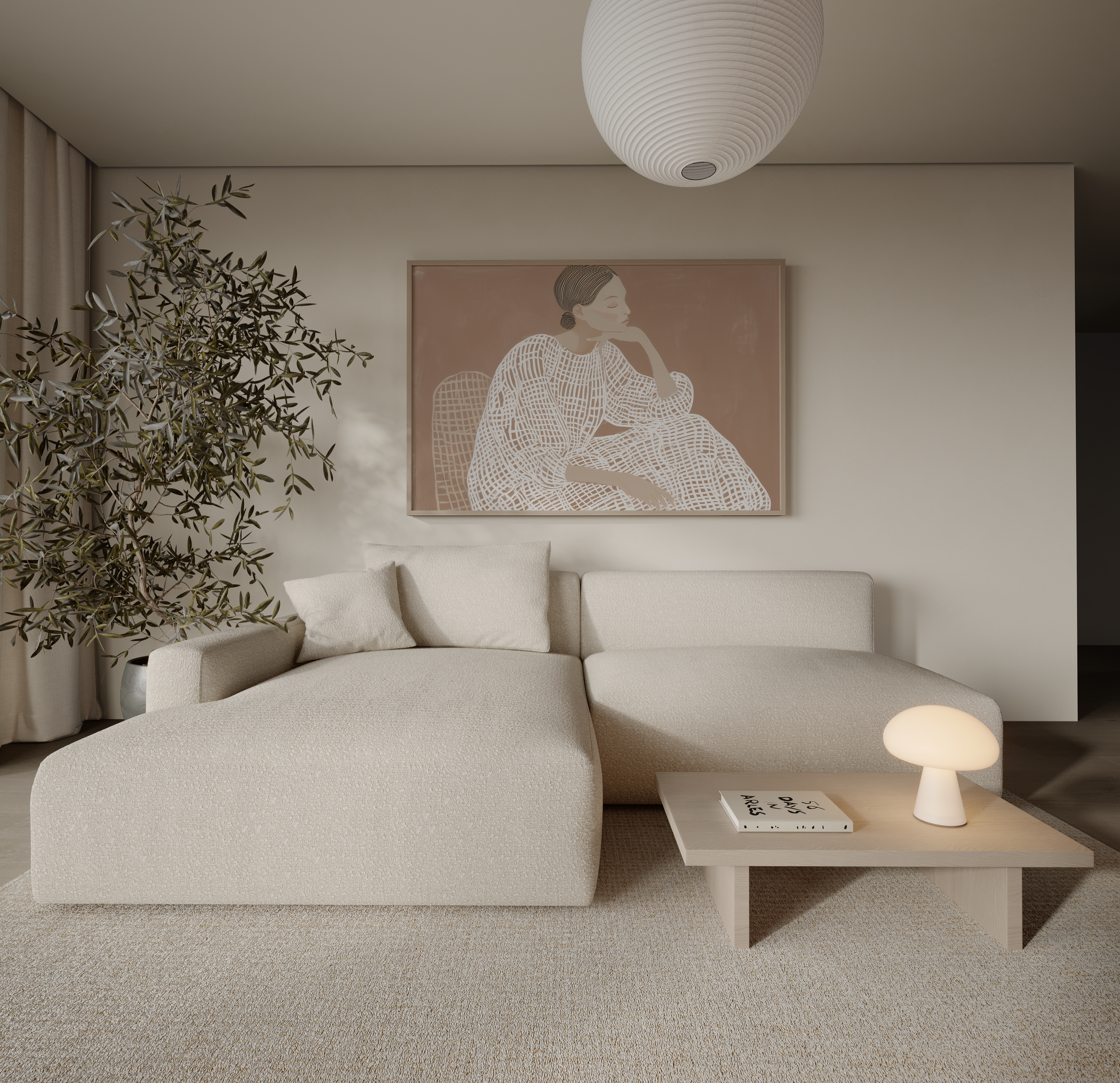 ציור מינימליסטי של דמות נשית יושבת על רקע חום, בקווים לבנים ידניים – Olnari
