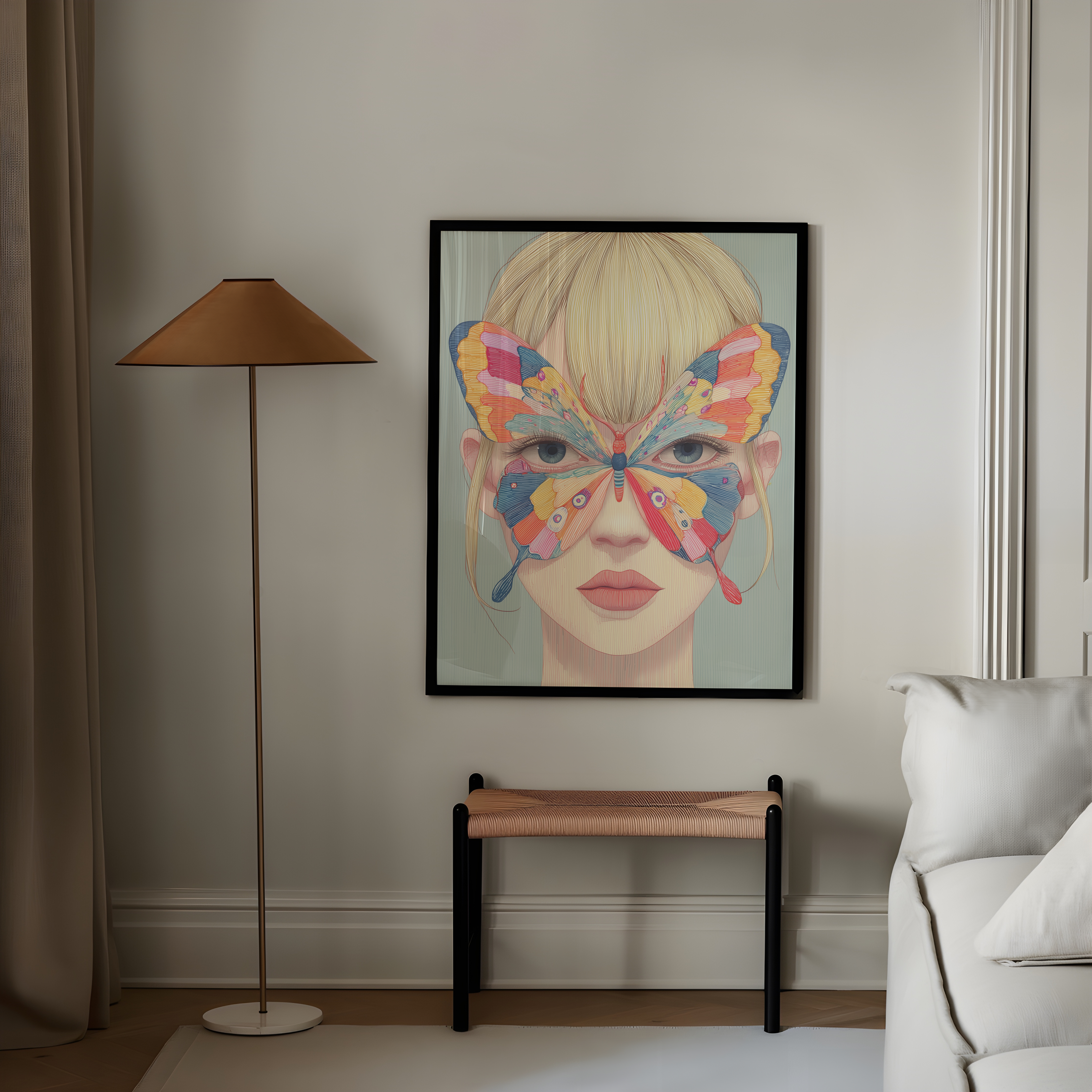 יצירת קיר Ravelle עם דמות נשית ופרפר צבעוני עשיר בפרטים בגוונים חיים