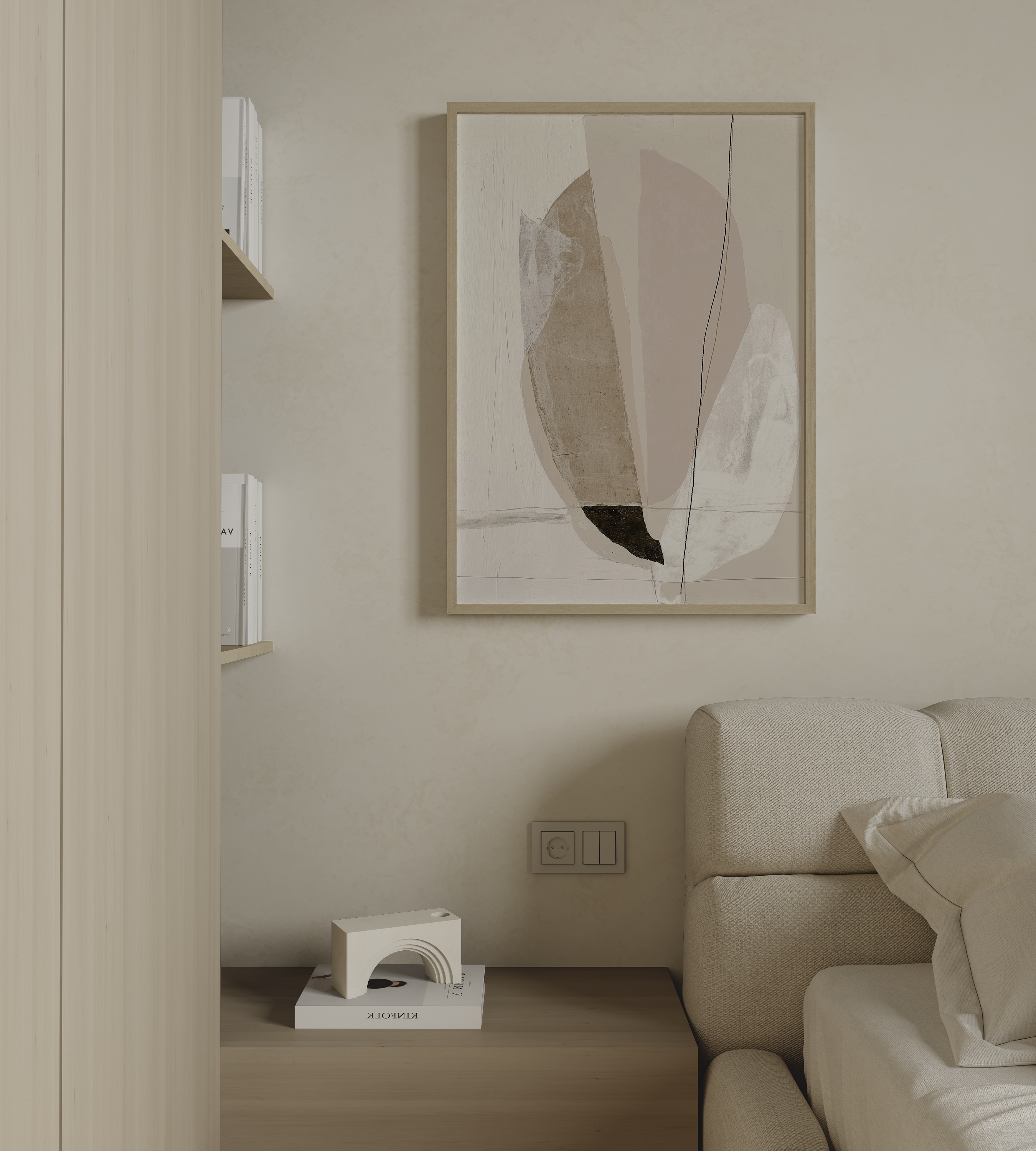 יצירת אמנות מופשטת בגווני שמנת וחול לקיר