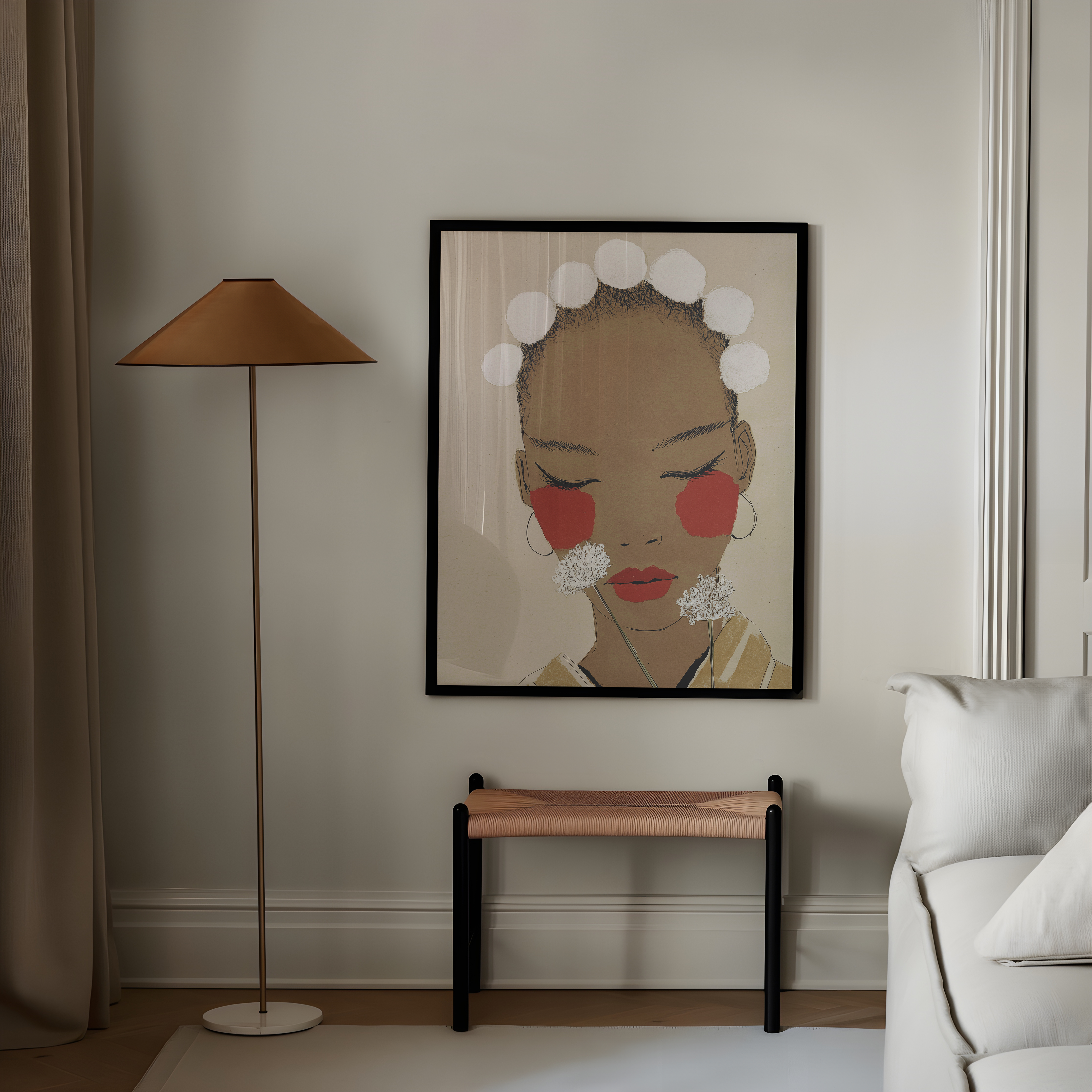 איור של דמות נשית בעיניים עצומות עם רקע ניטרלי, לחיים אדומות ופרחי שומר לבנים – יצירה מינימליסטית מהקולקציה של Trausi+Tosh