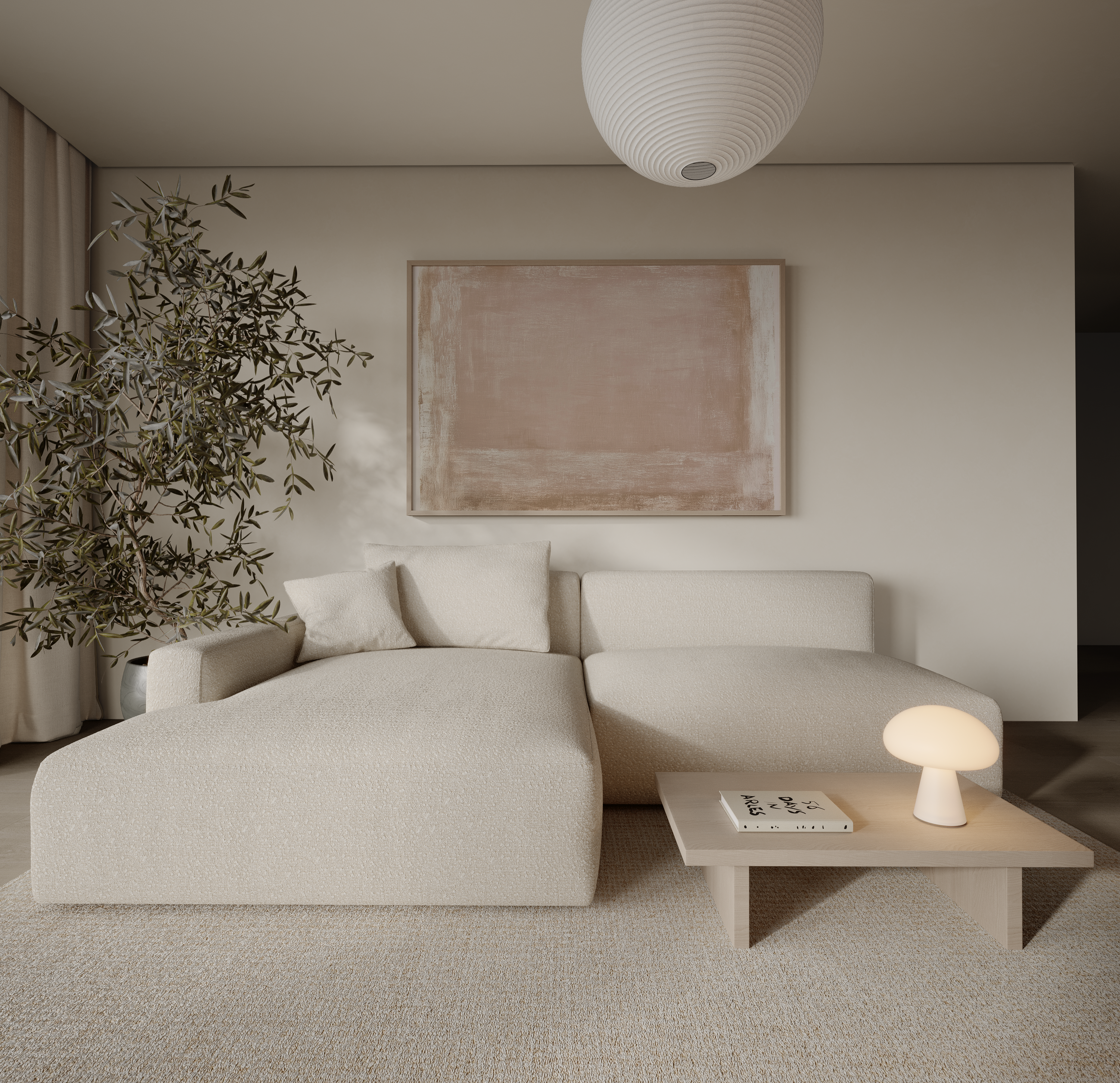 יצירת אמנות מינימליסטית בגווני בז’ עם טקסטורה עדינה במסגרת עץ בהירה