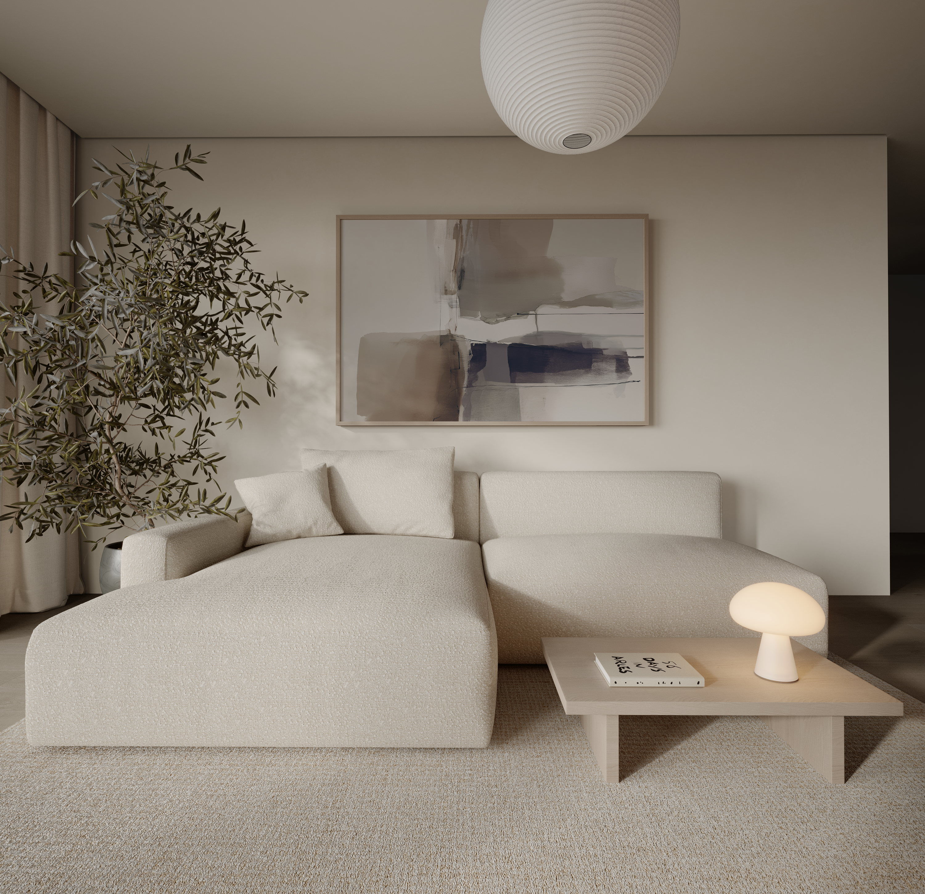 יצירה מופשטת במסגרת עץ טבעי בגווני חום, סגול ואבן – Talune מקולקציית טראוזי וטוש.