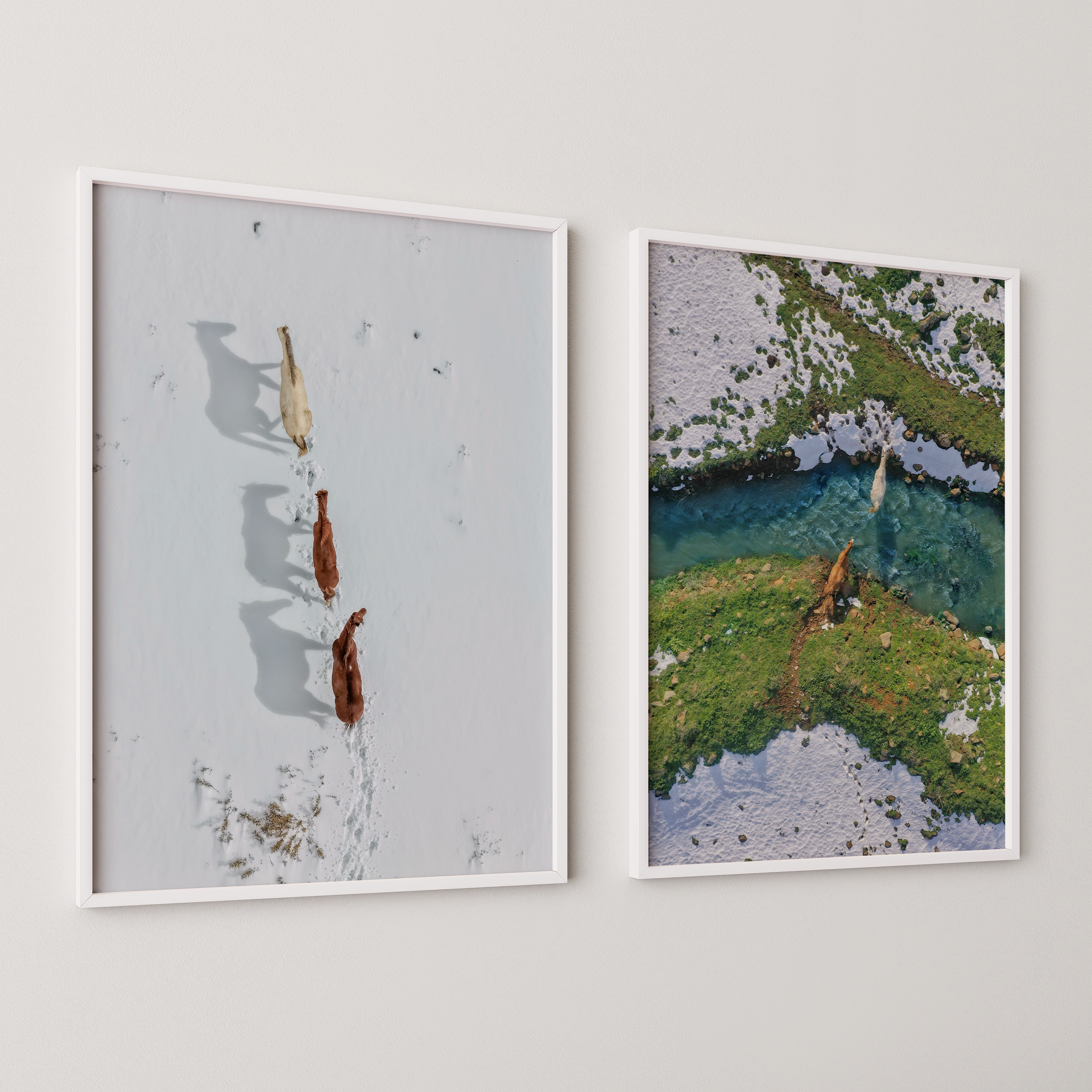 סט צילום אווירי ממוסגר של סוסים במאגר בנטל ומתחת להר חרמון מאת חן כליפה לוי בגווני טבע ירוק, כחול ולבן