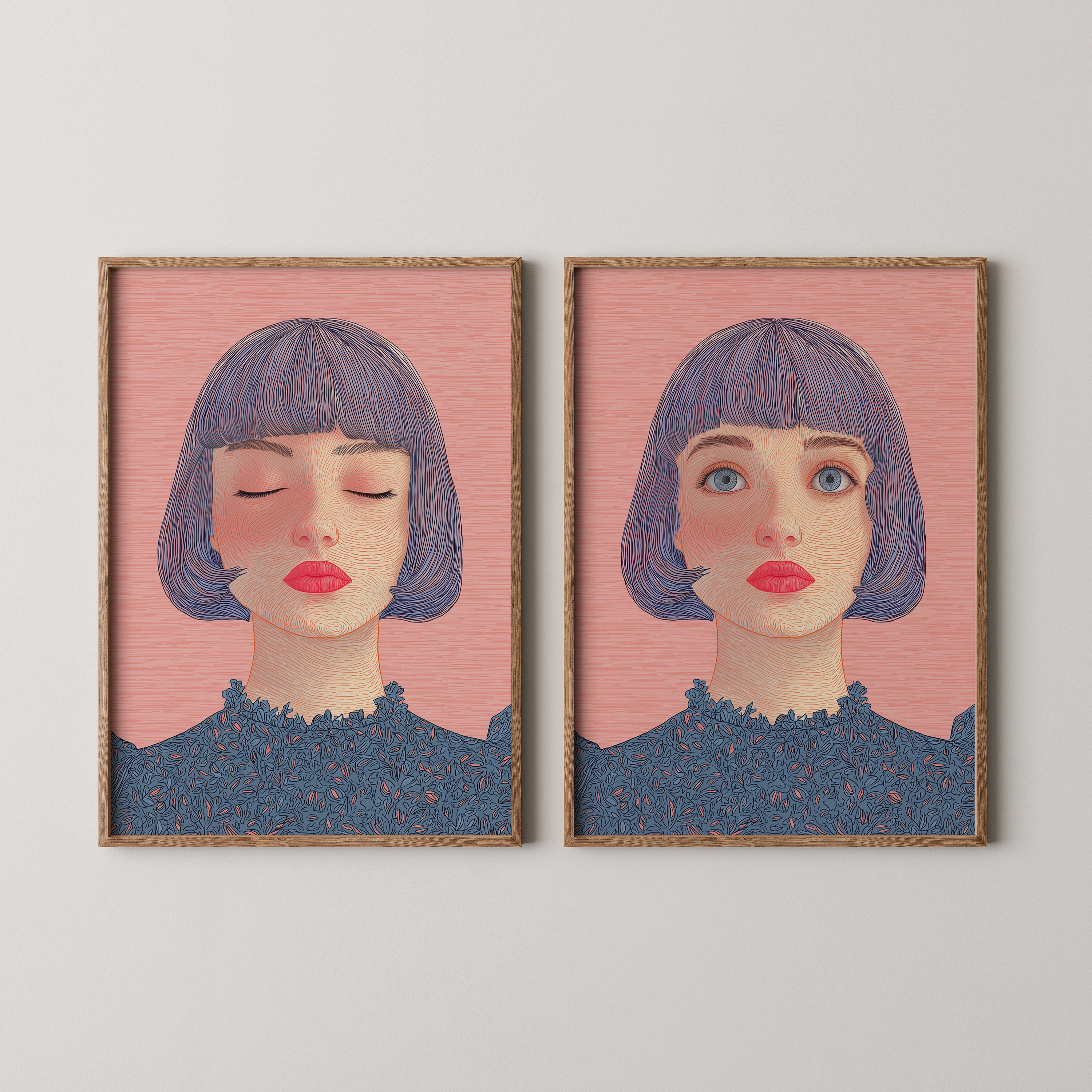 סט של שתי יצירות אמנות מודרניות של דמות נשית – אחת עם עיניים פתוחות ואחת עם עיניים עצומות, בגווני ורוד וכחול