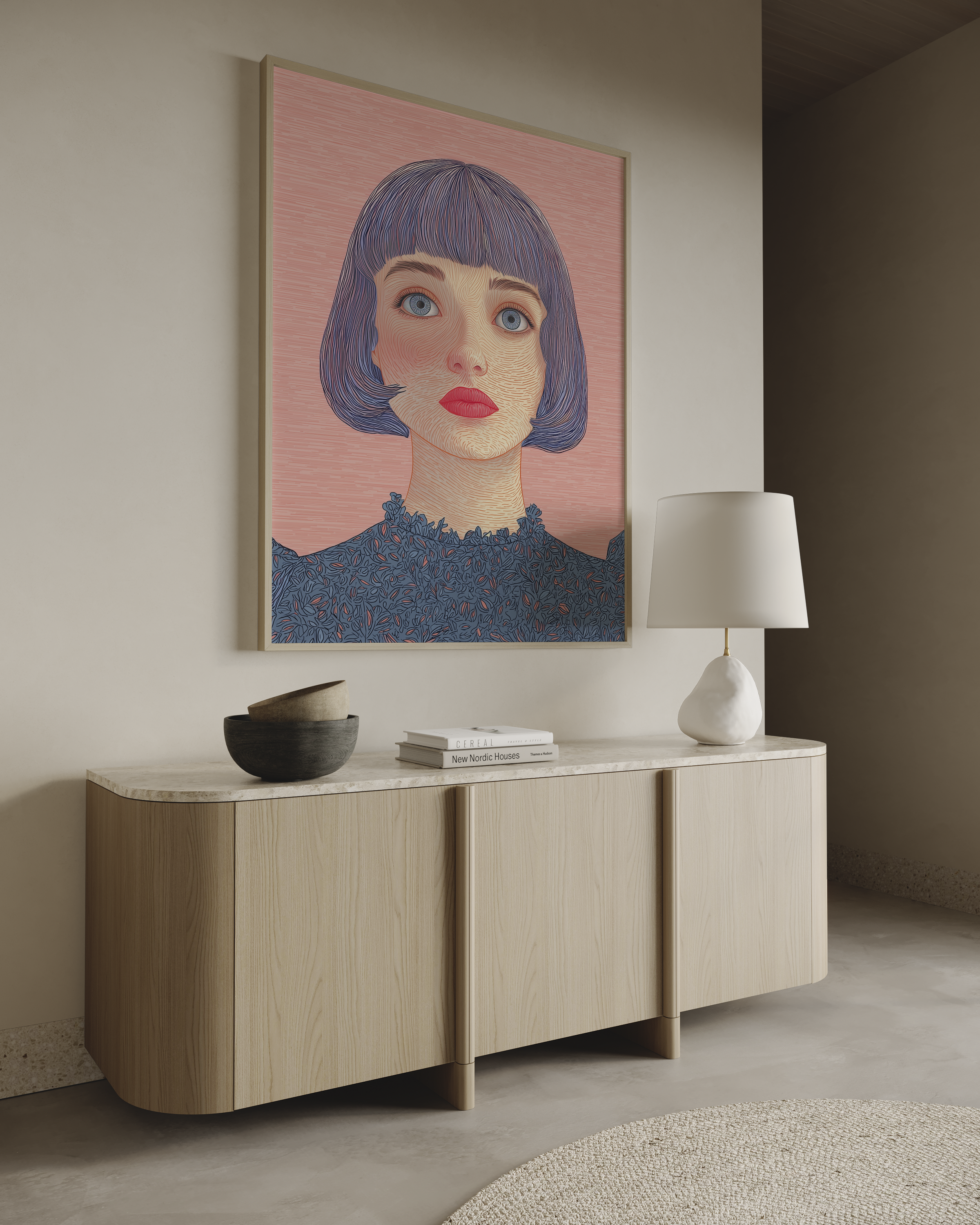 יצירת אמנות מודרנית של דמות נשית עם שיער קצר, רקע ורוד וטקסטורות עדינות בגווני כחול