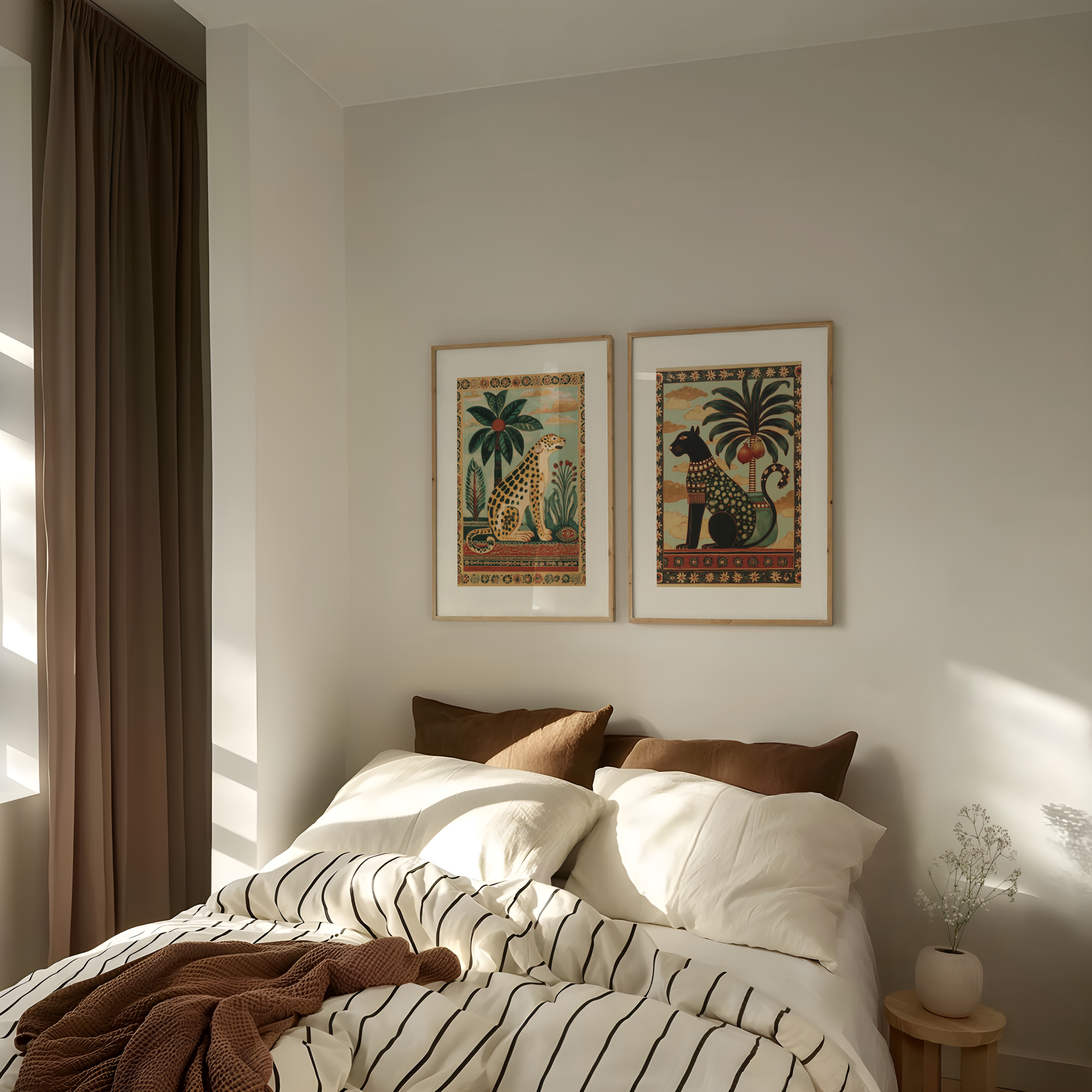 סט אמנות ממוסגר Selva Alta – חתול מצרי ופנתר טרופי עם צמחייה עשירה ודוגמאות אתניות.