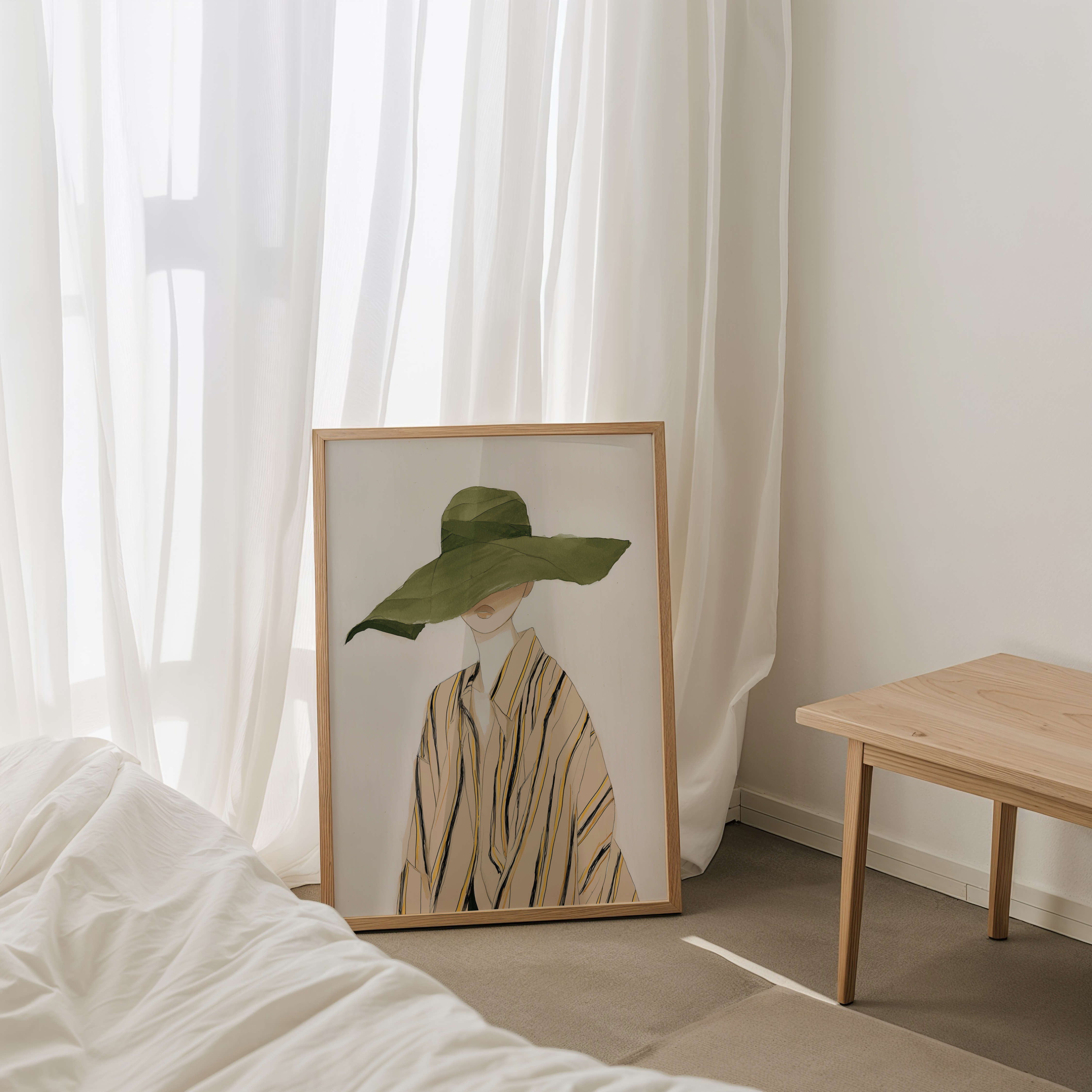 איור נשי אמנותי של דמות בכובע רחב ירוק וחולצה בגוונים טבעיים – יצירה בשם Josette