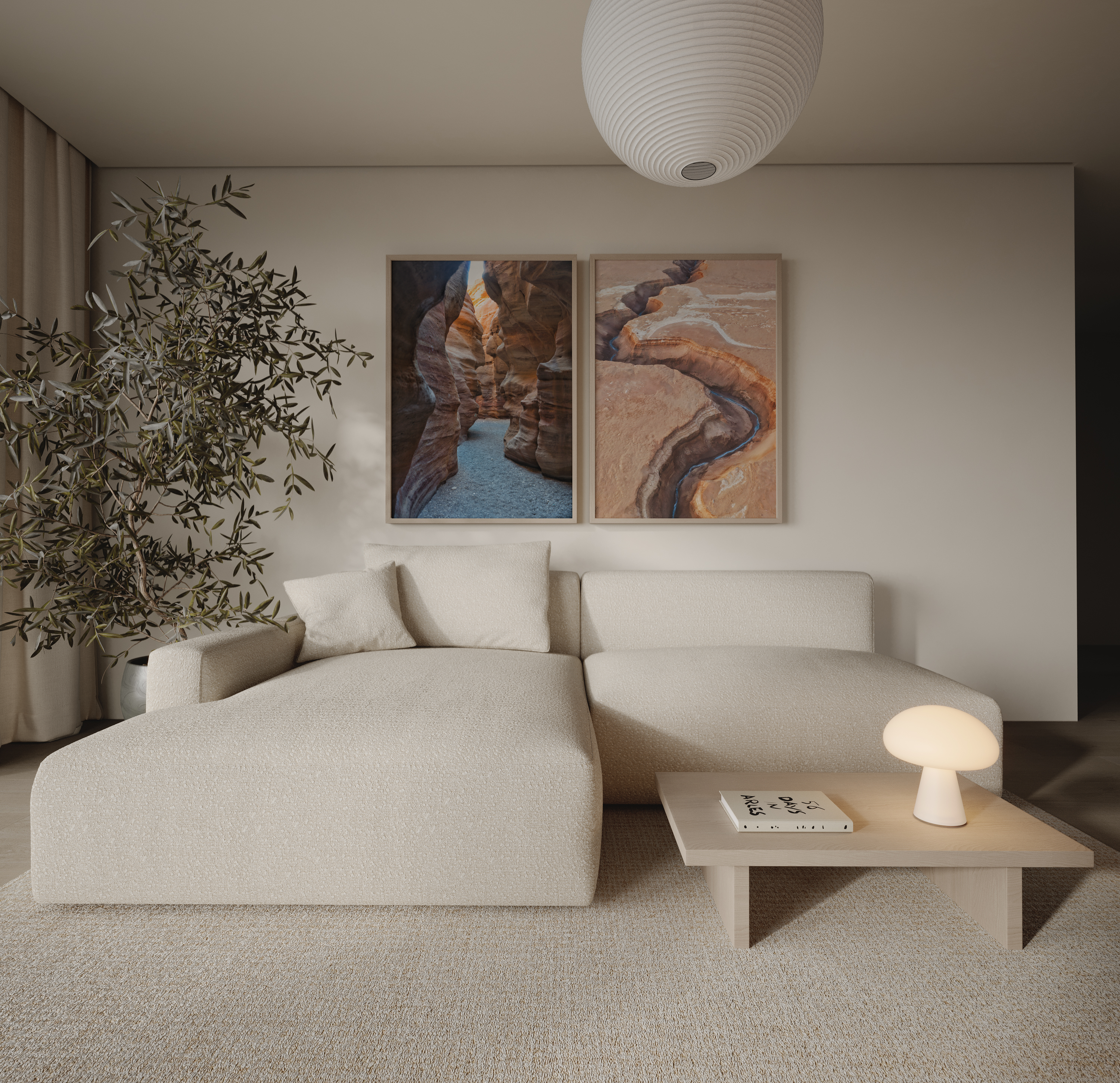 סט צילומים ממוסגר מאת חן כליפה לוי – ערוץ נחל במדבר ים המלח לצד מעבר צר בקניון האדום בהרי אילת, בגווני אבן וחול טבעיים