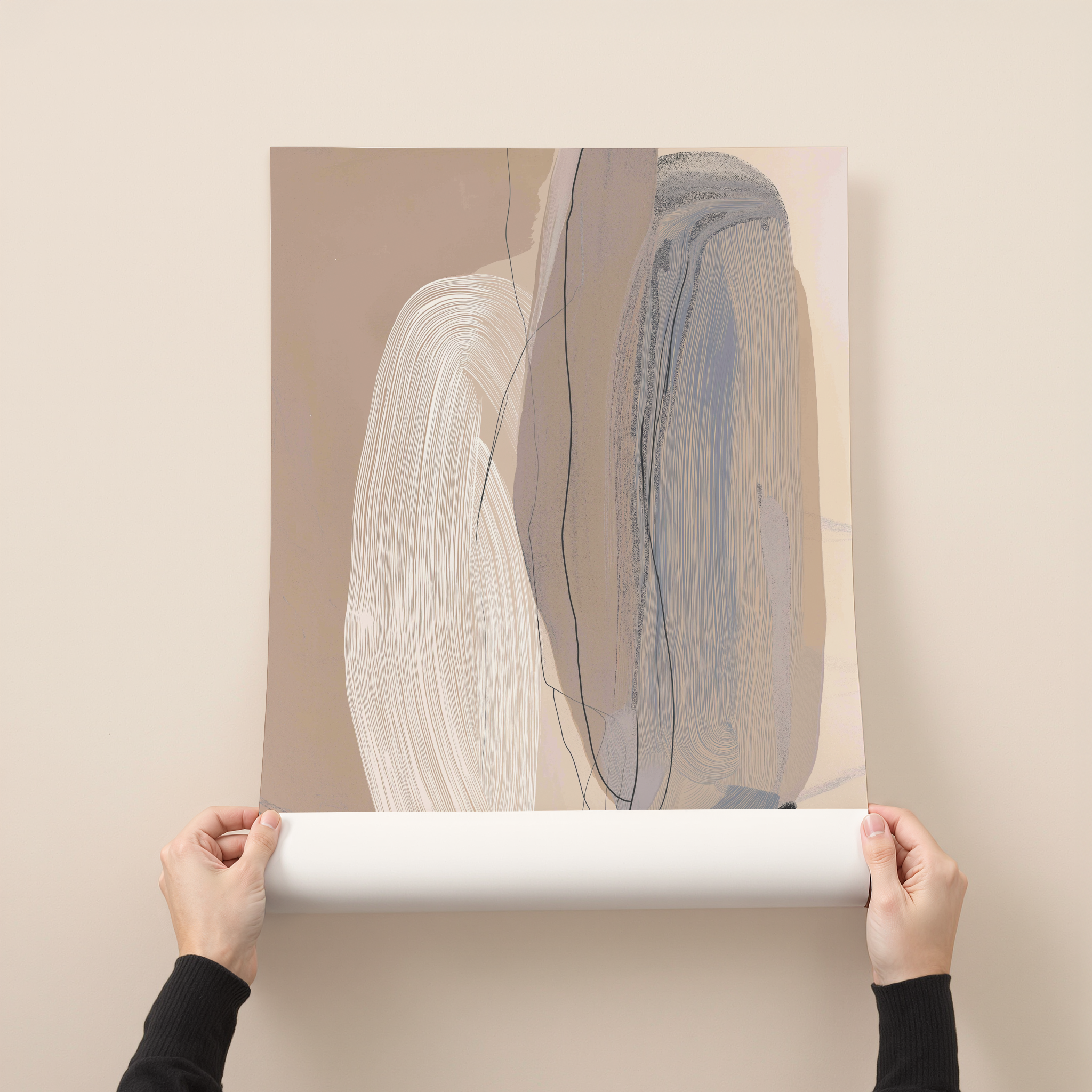 הדפס אמנותי מופשט Aurin בגוונים טבעיים של בז׳ ואפור, יצירה מודרנית לקיר