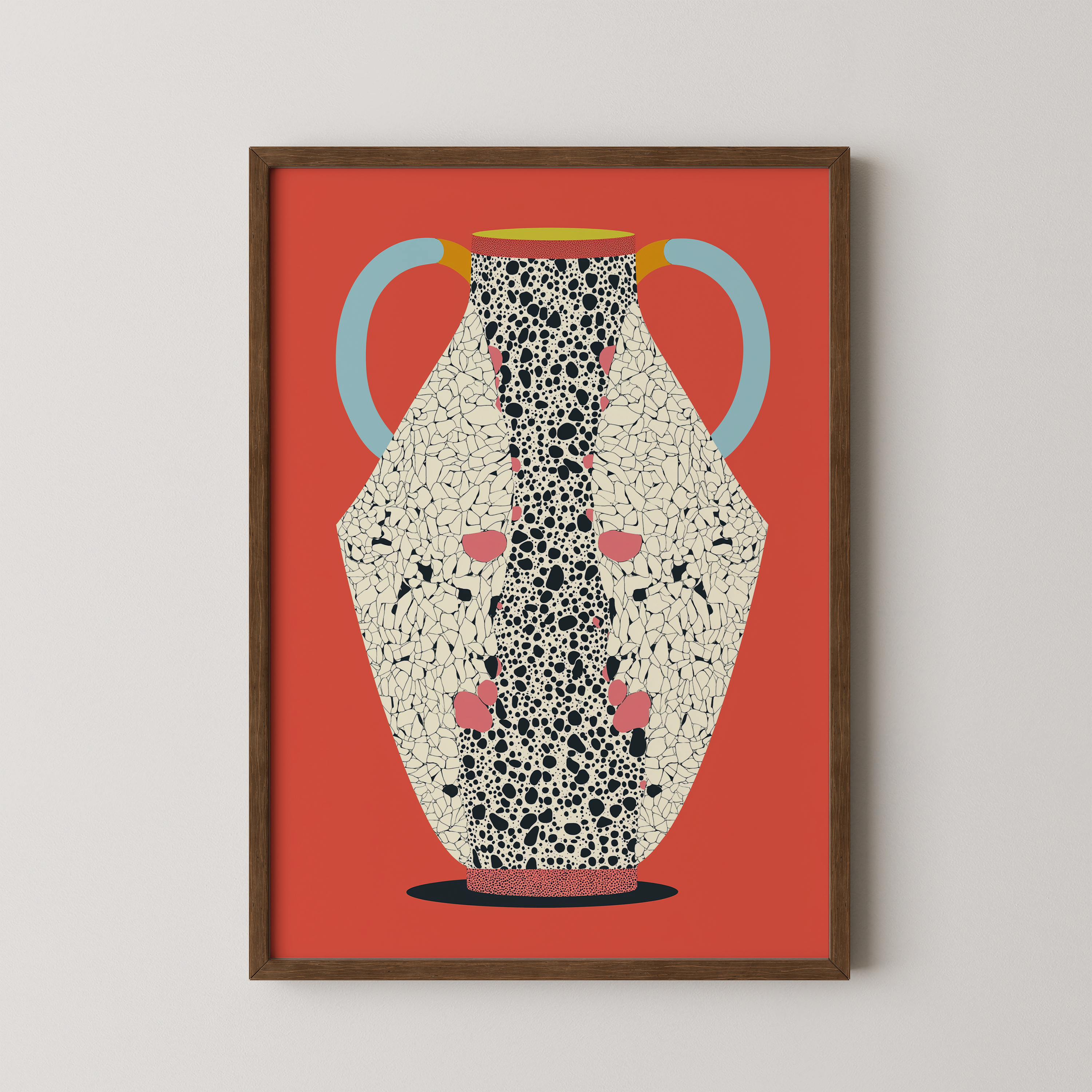 הדפס אמנותי מינימליסטי בהשראת כלי חרס עם דוגמת טרצו שחור ורקע אדמדם, יצירה בשם Tavora