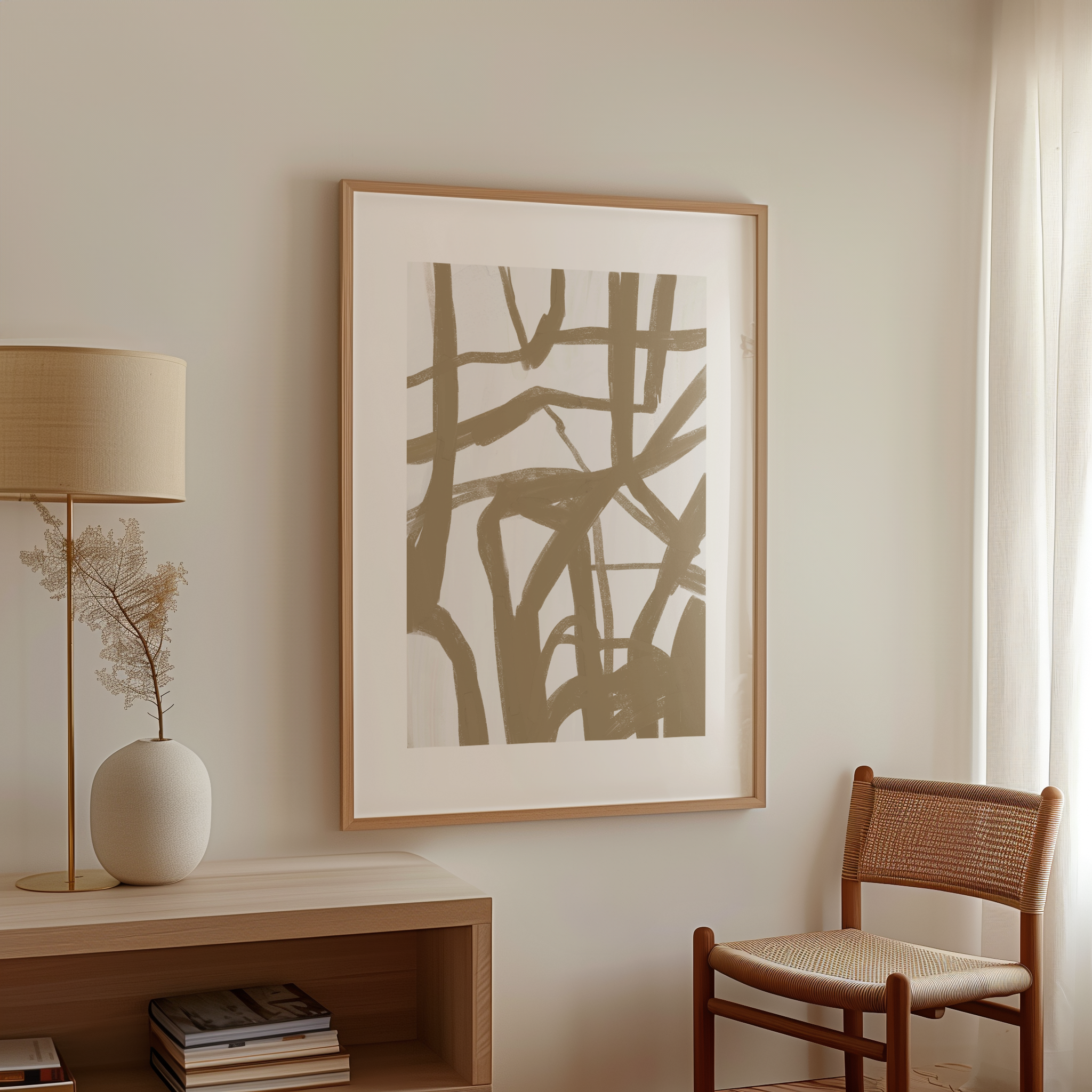 יצירת אמנות מופשטת בגוונים רכים עם קווים חופשיים, ממוסגרת ומוצגת על קיר בסגנון מודרני.