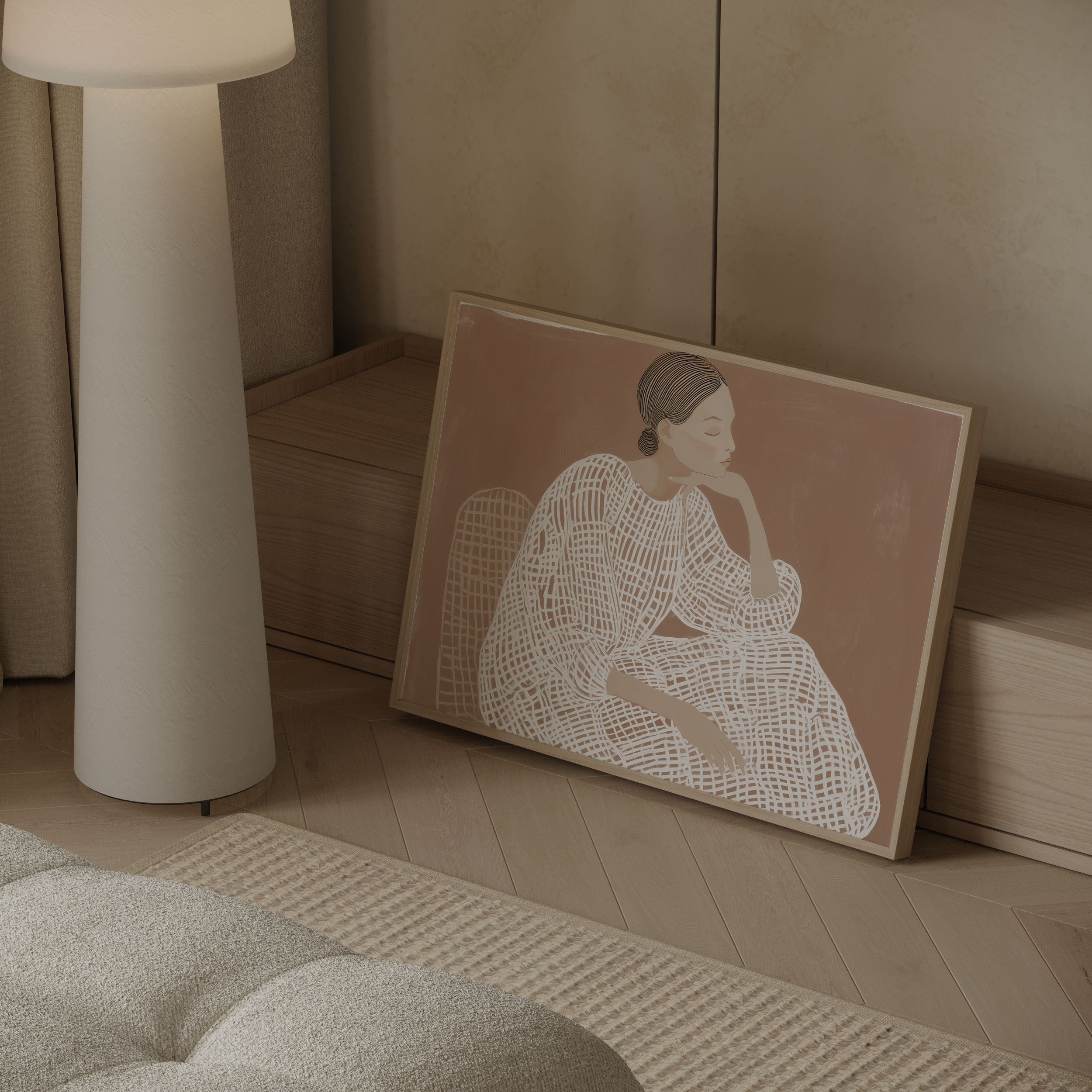 ציור מינימליסטי של דמות נשית יושבת על רקע חום, בקווים לבנים ידניים – Olnari