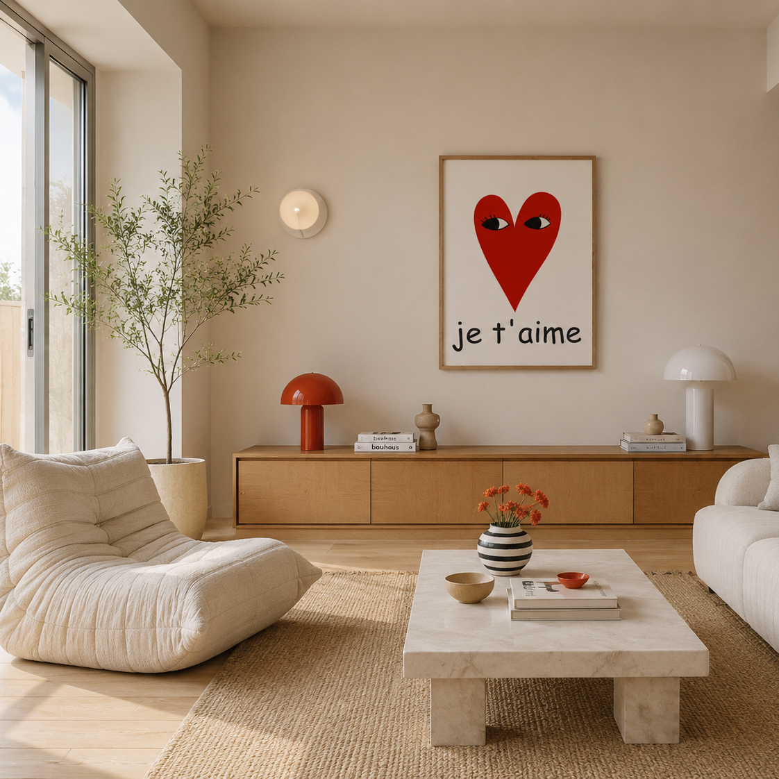 Je T'aime – איור מינימליסטי של לב אדום עם עיניים והכיתוב Je t'aime במסגרת עץ אלון, יצירת אמנות של דניאל ברלוט.
