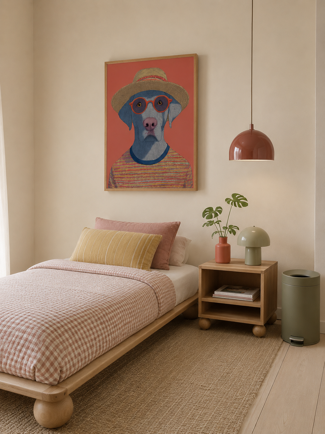 Archie by Danielle Berlot – colorful dog illustration with hat and glasses in oak frame