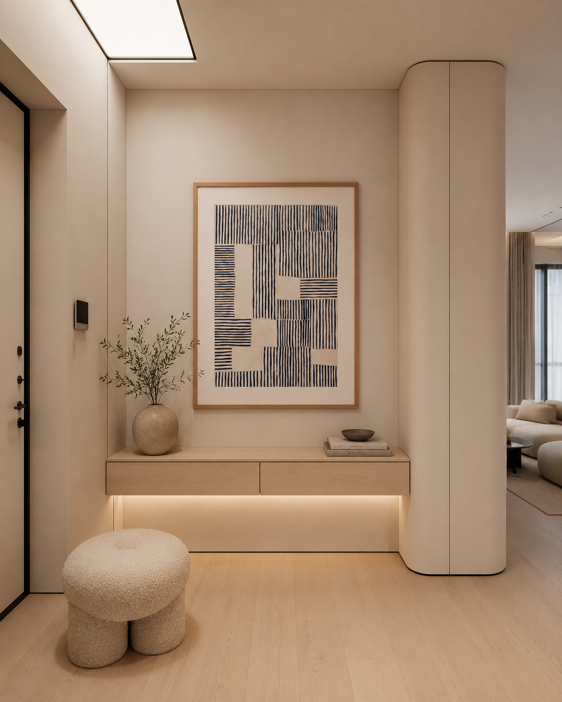 Rivage מאת דניאל ברלוט – יצירה אבסטרקטית מינימליסטית בגווני שחור ושמנת עם קומפוזיציה גאומטרית של קווים אנכיים ואופקיים במסגרת עץ אלון.