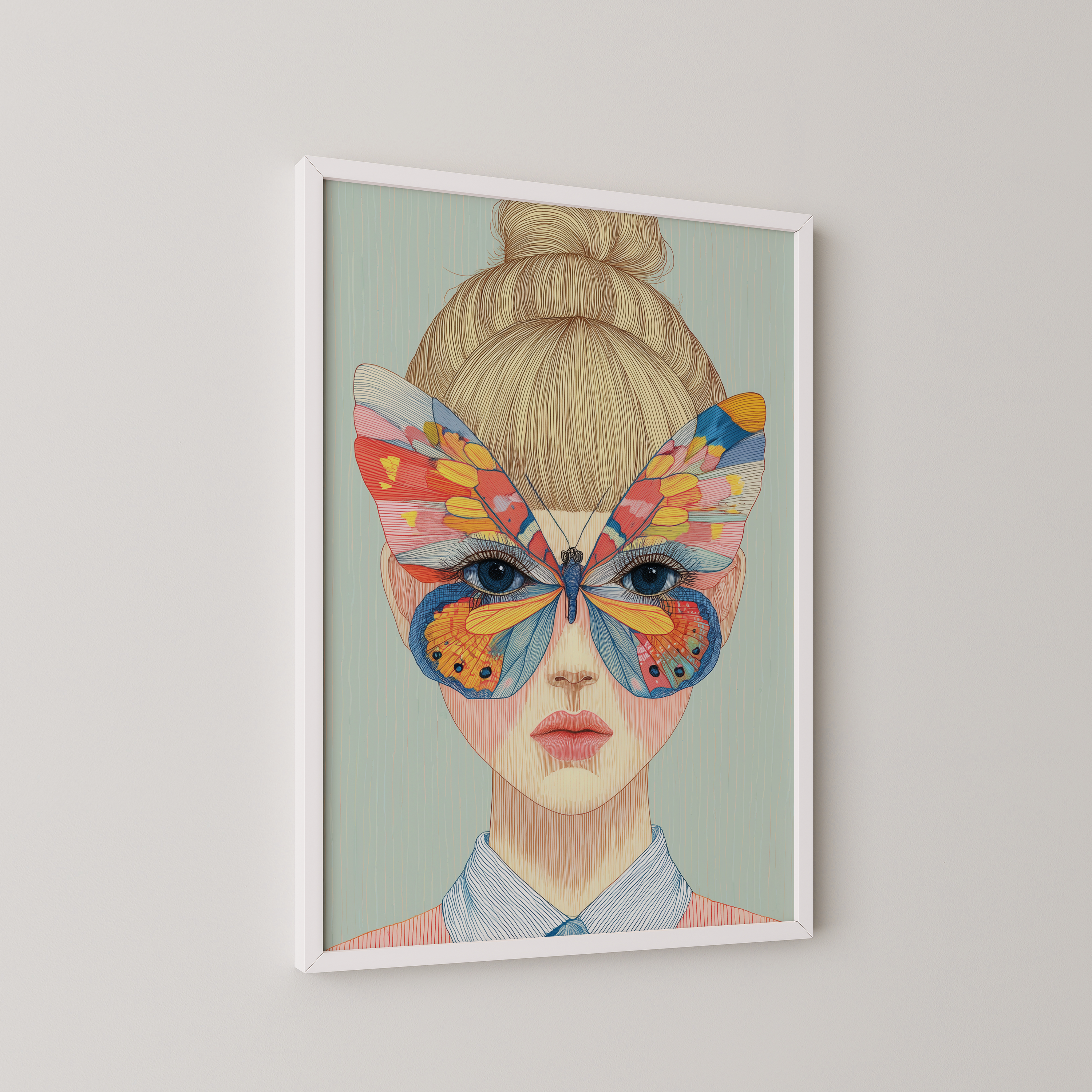 יצירת קיר Daph עם דמות נשית ופרפר צבעוני בגוונים חמים וקרים על הפנים