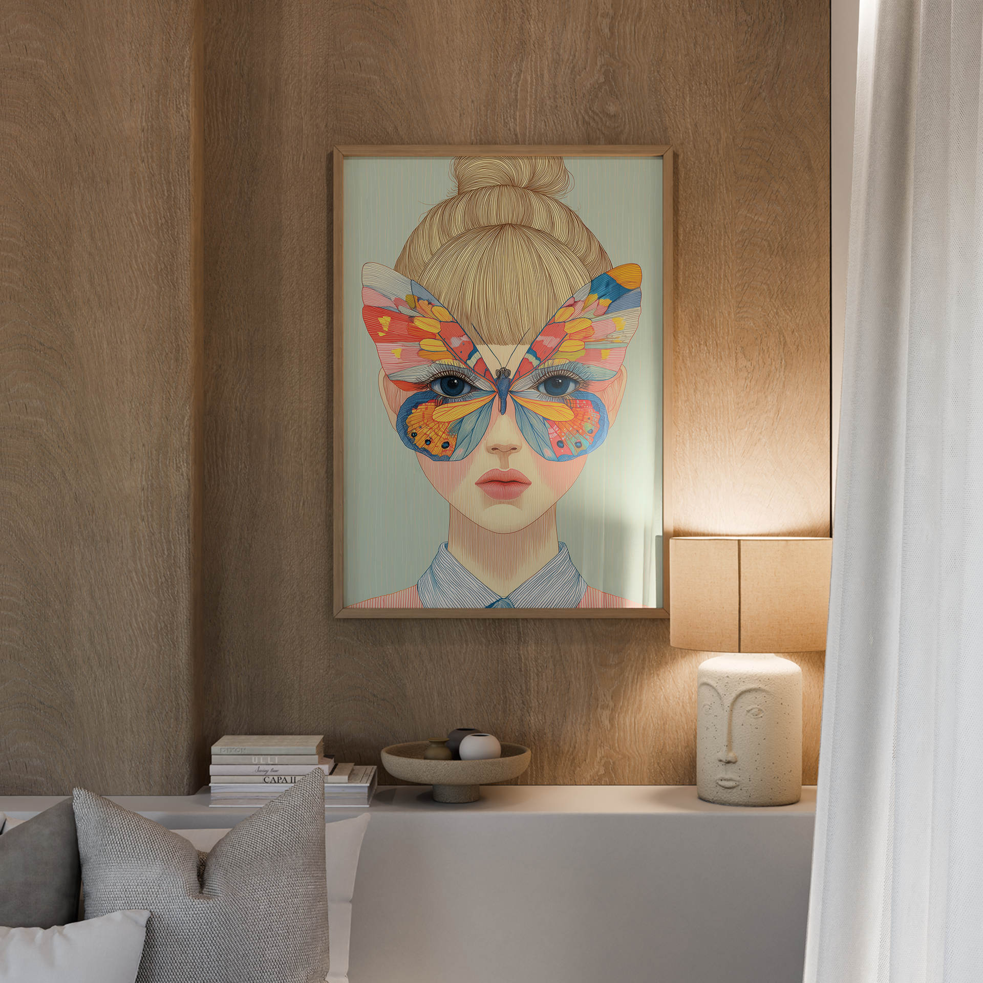 יצירת קיר Daph עם דמות נשית ופרפר צבעוני בגוונים חמים וקרים על הפנים