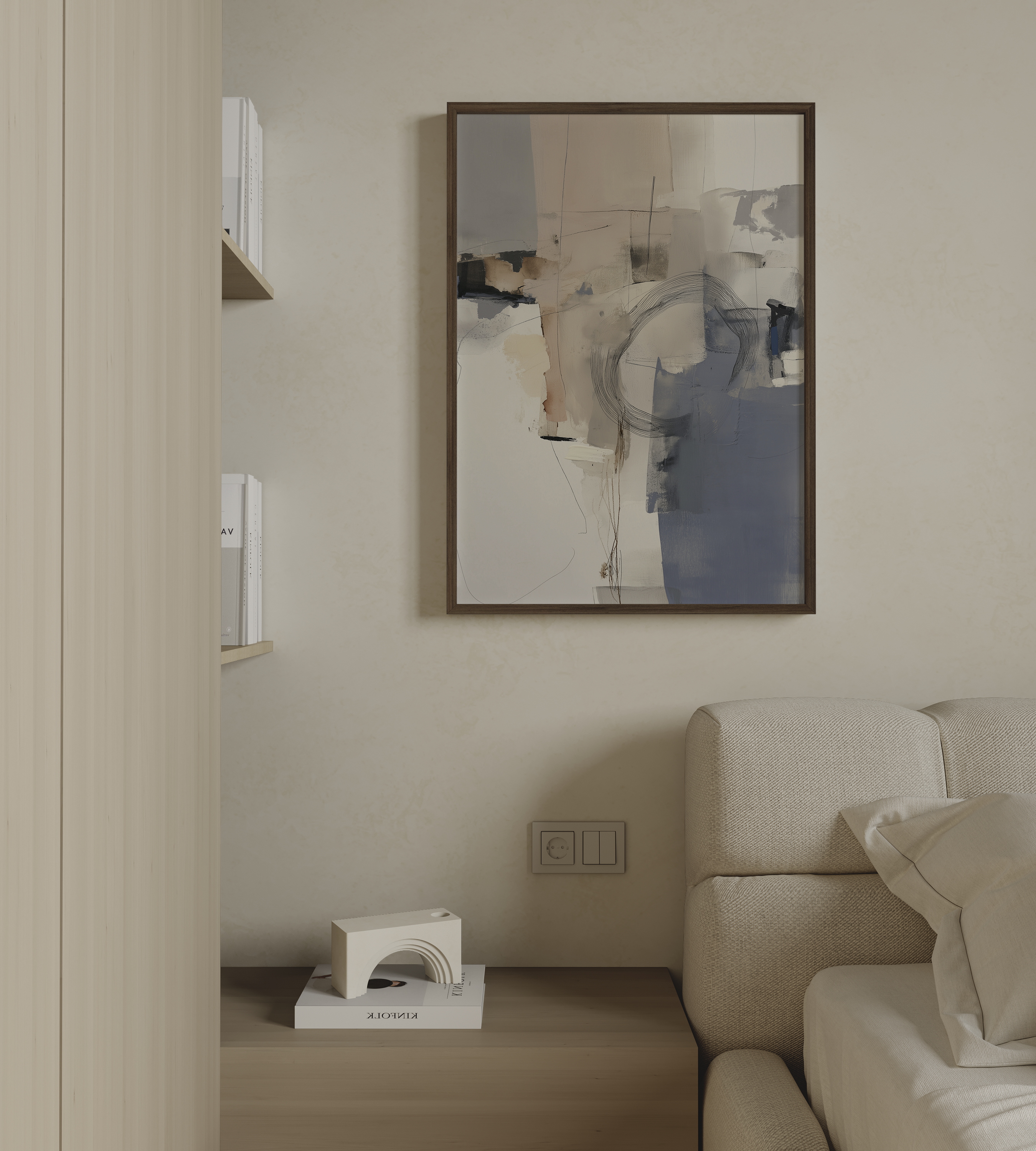 יצירת אמנות מופשטת בגווני אבן וכחול עם תנועה מעגלית עדינה במסגרת עץ טבעית