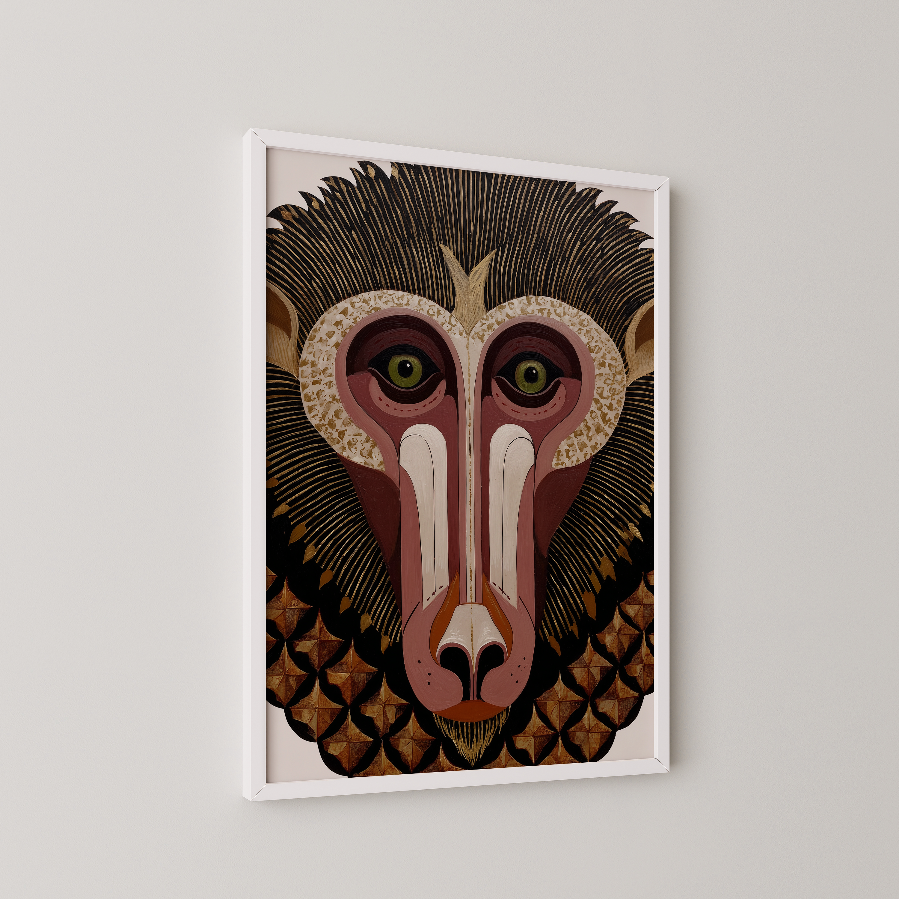 דיוקן גרפי של דמות חייתית בסגנון שבטי, בצבעי חום וזהב, מתוך סדרת Totemoro של Trausi+Tosh.