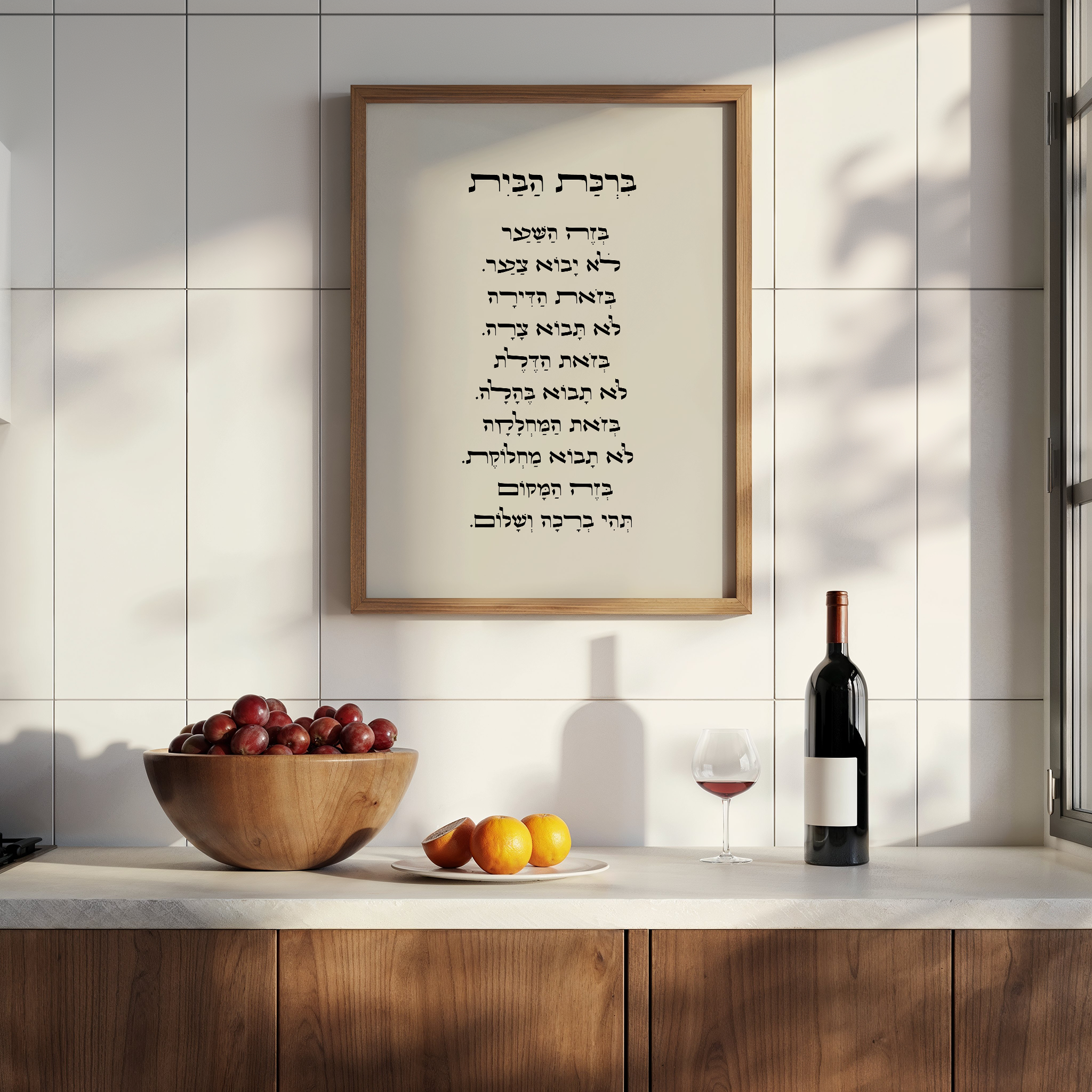 ברכת הבית בעברית ממוסגרת, בעיצוב אלגנטי עם ניקוד, תלויה על קיר