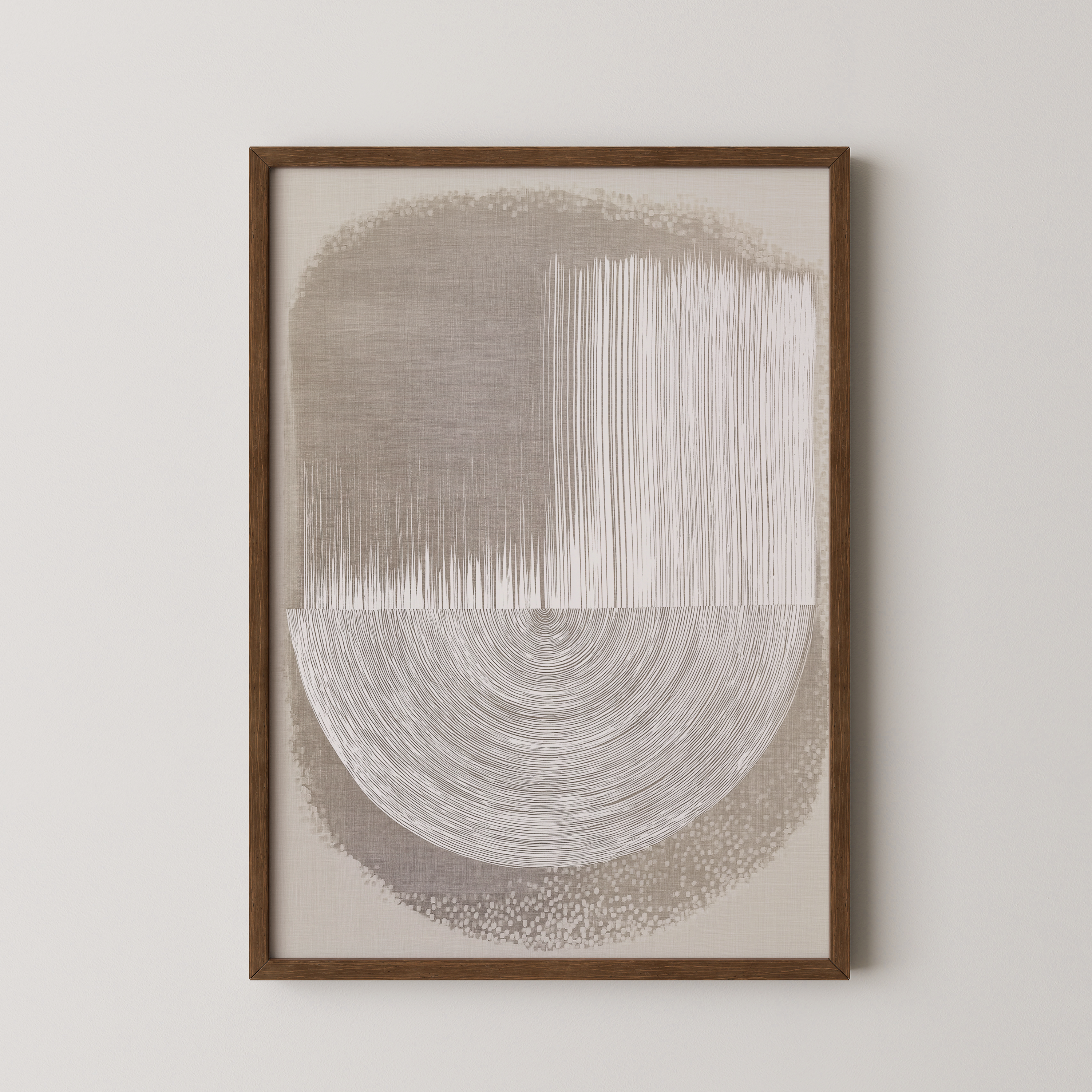 Elvior – יצירת אמנות מופשטת בגווני בז’ ואבן עם חצי מעגל תחתון וטקסטורה אנכית עליונה, ממוסגרת בעץ טבעי