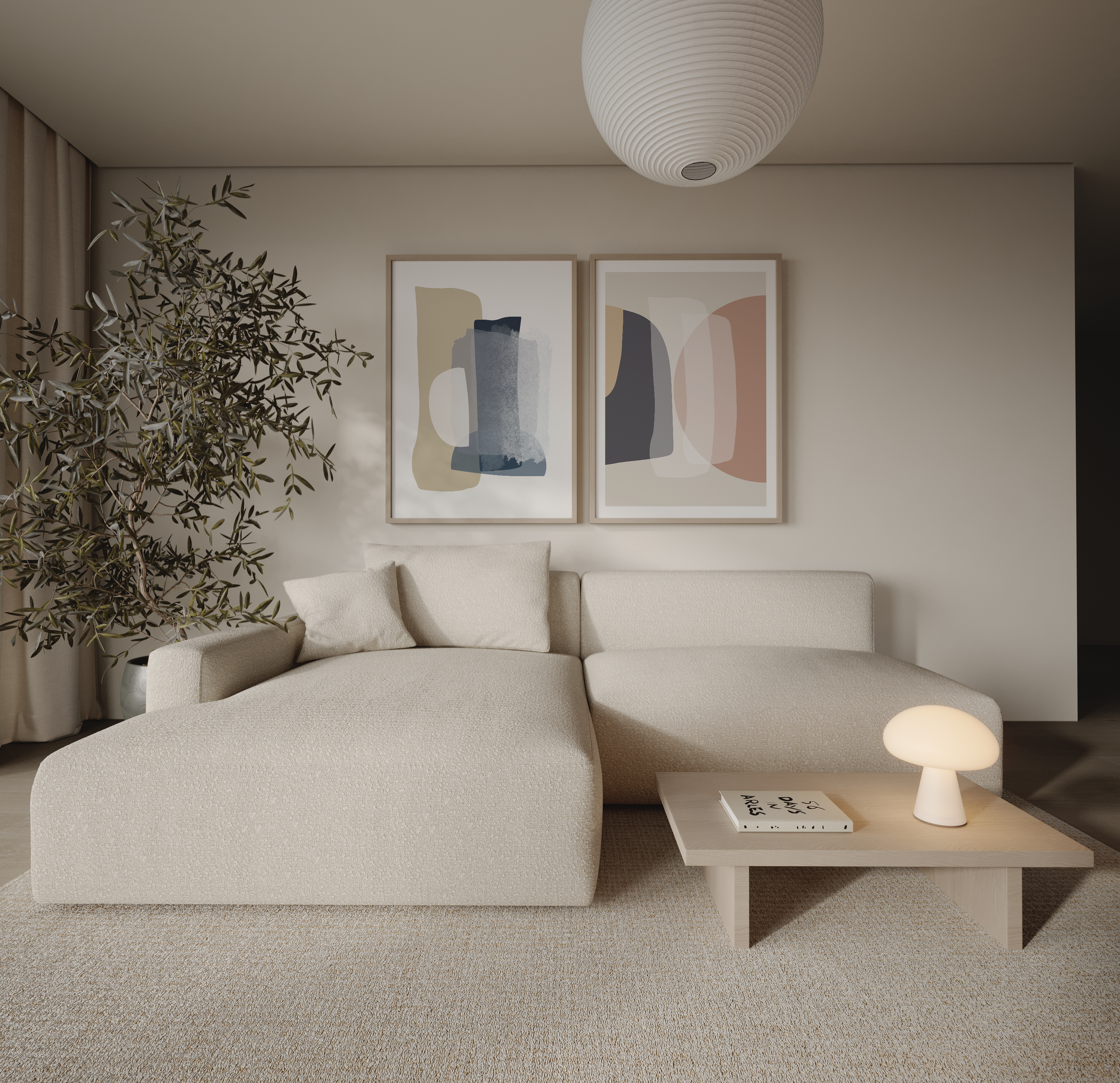 סט של שני פוסטרים ממוסגרים בסגנון אבסטרקטי, עם צורות אורגניות בגווני בז', כחול עמוק ואפרסק, המשדרים הרמוניה ורוגע.