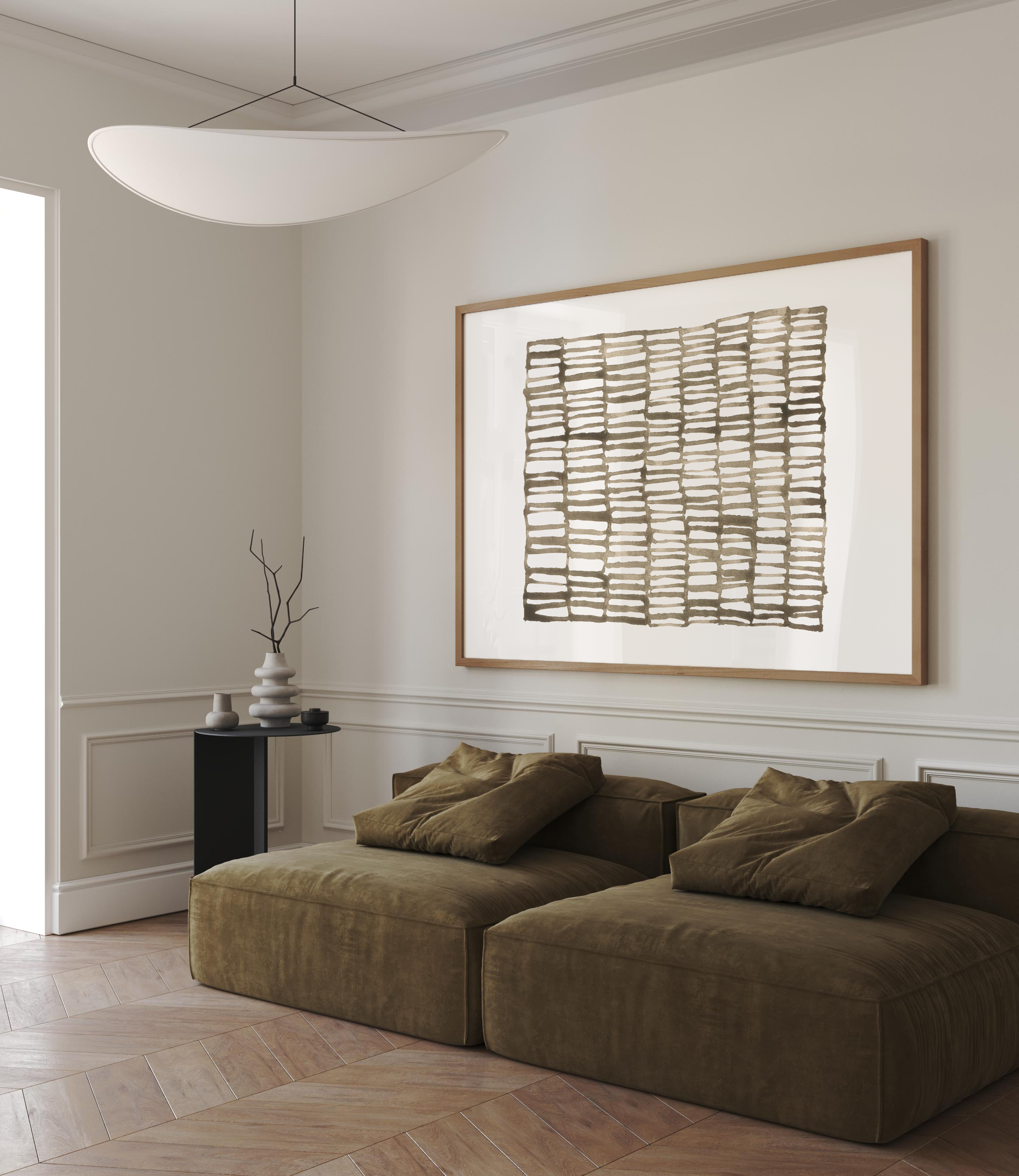 יצירת אמנות מינימליסטית אלטינס – דפוס גיאומטרי מופשט בגווני שחור וחום במסגרת עץ, תלוי על קיר בהיר.