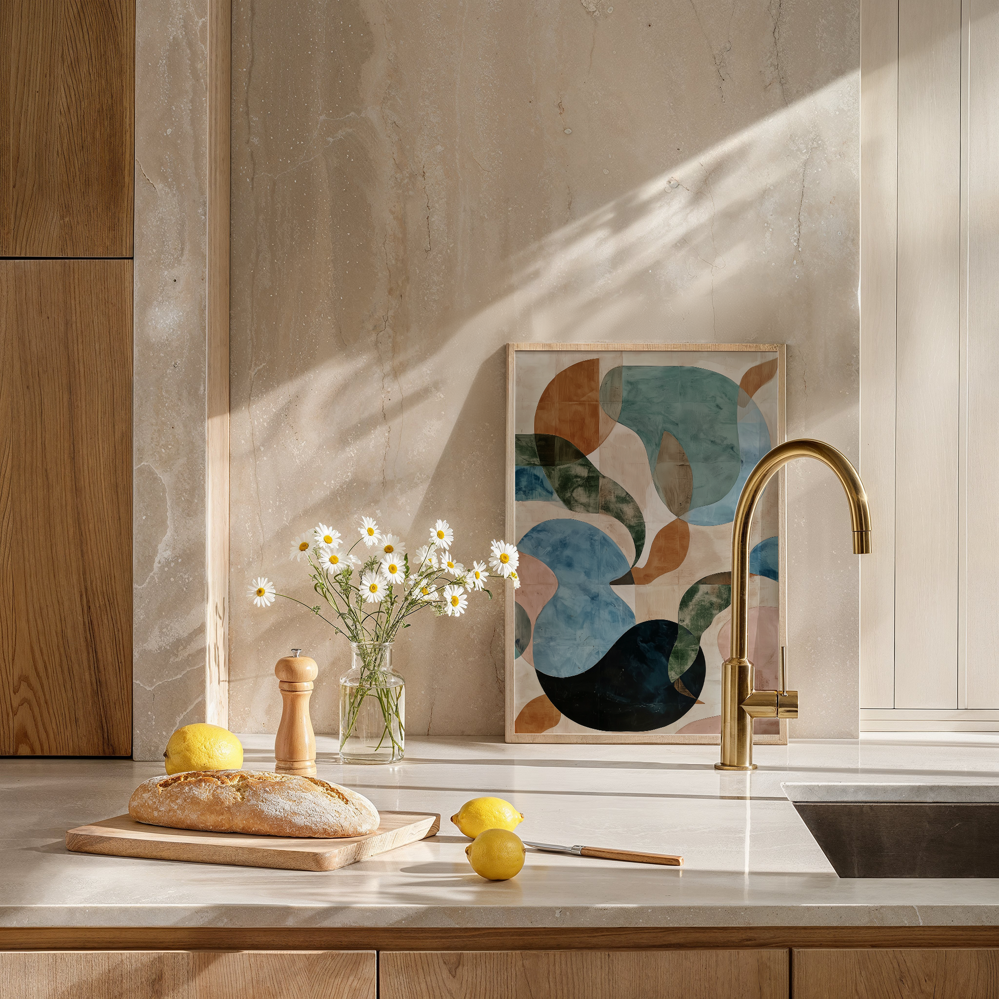 הדפס גיאומטרי־מופשט בצבעים טבעיים במסגרת עץ – יצירת אמנות בשם Miva מקולקציית טראוזי וטוש.