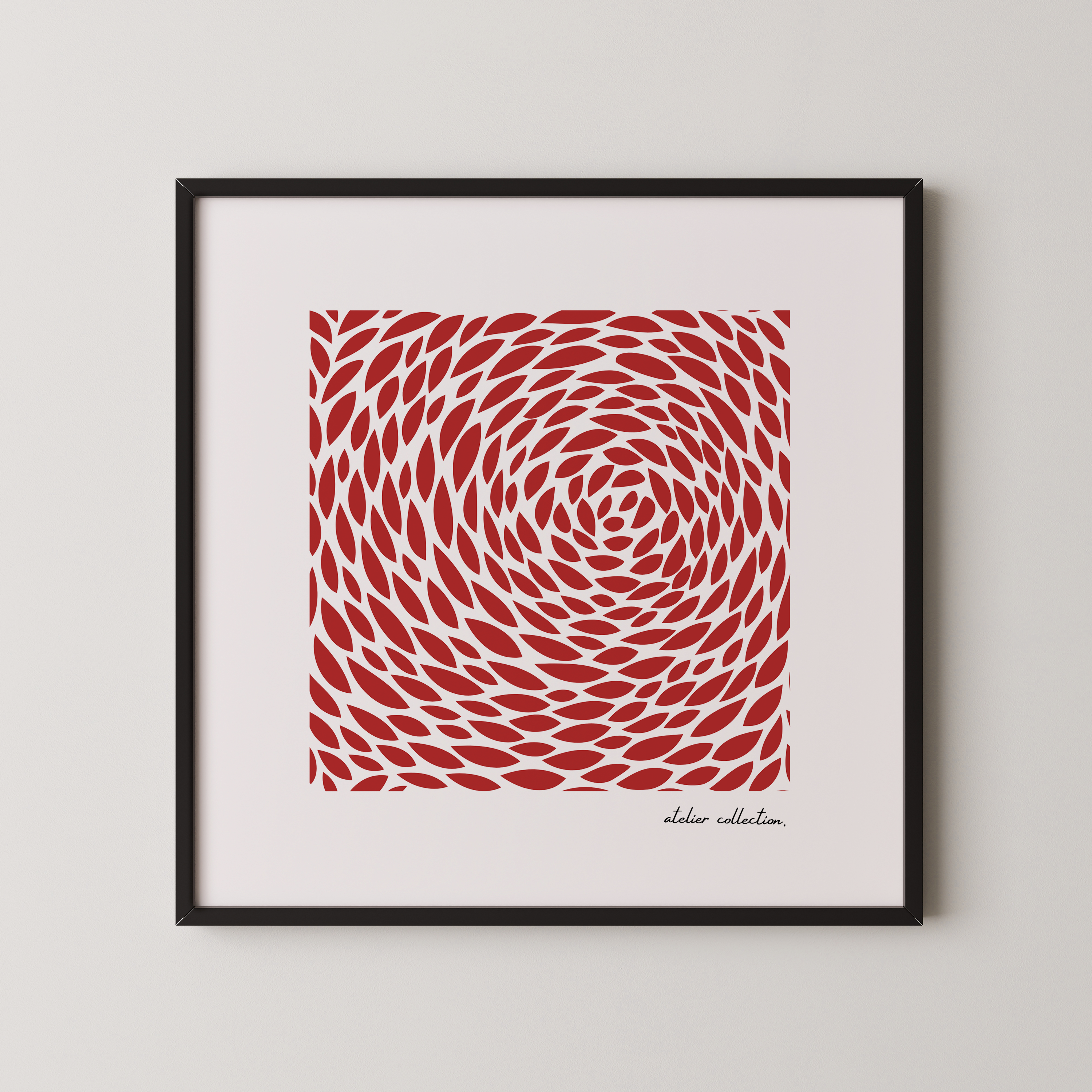 הדפס אמנות גיאומטרי "קאיו" מאת The Left Handed – דפוס דינמי של צורות אדומות יוצרות אפקט תנועה במרכז היצירה, ממוסגר במסגרת עץ טבעית.