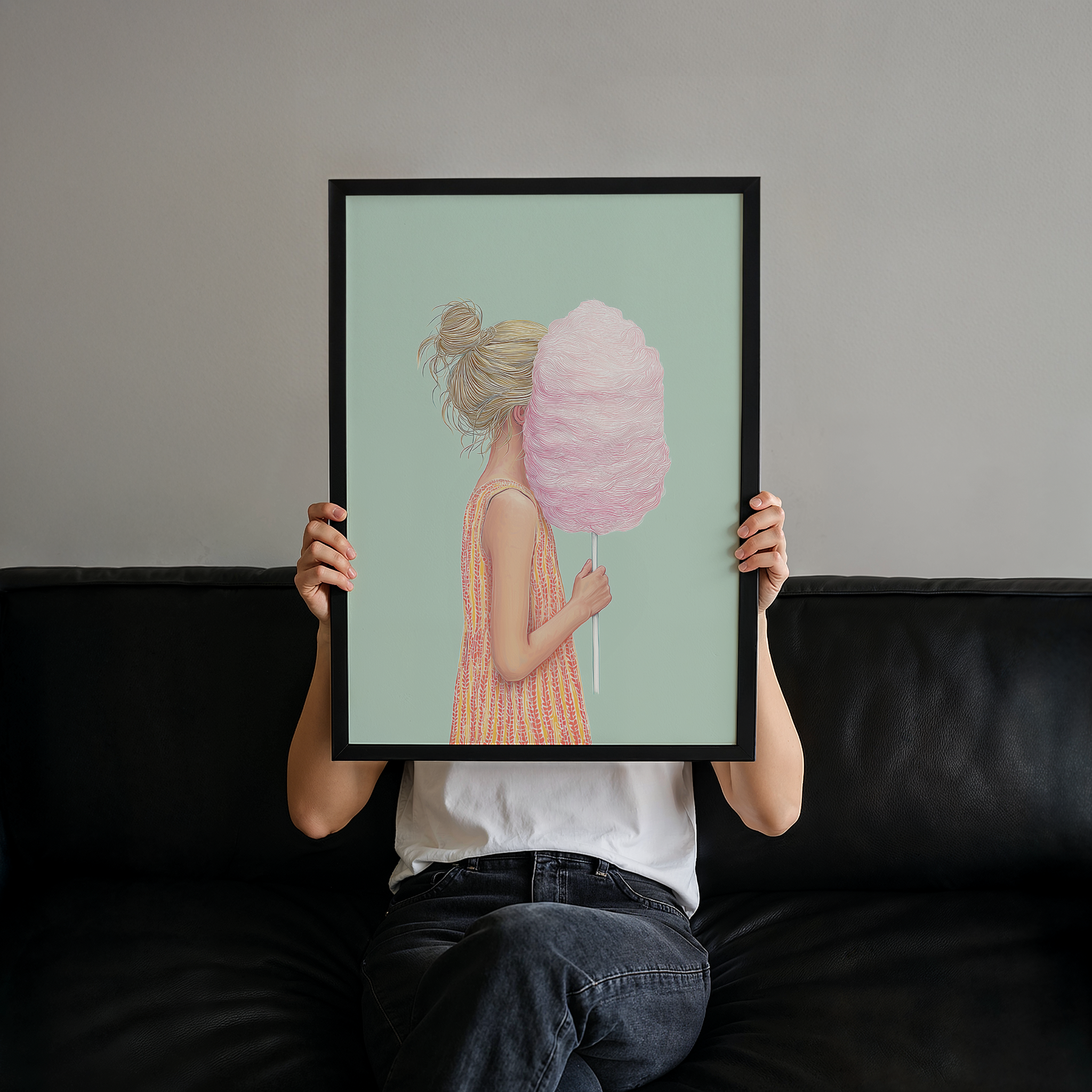 יצירת אמנות Candise – ילדה עם צמר גפן מתוק בצבע ורוד על רקע ירקרק, סגנון מודרני רך.