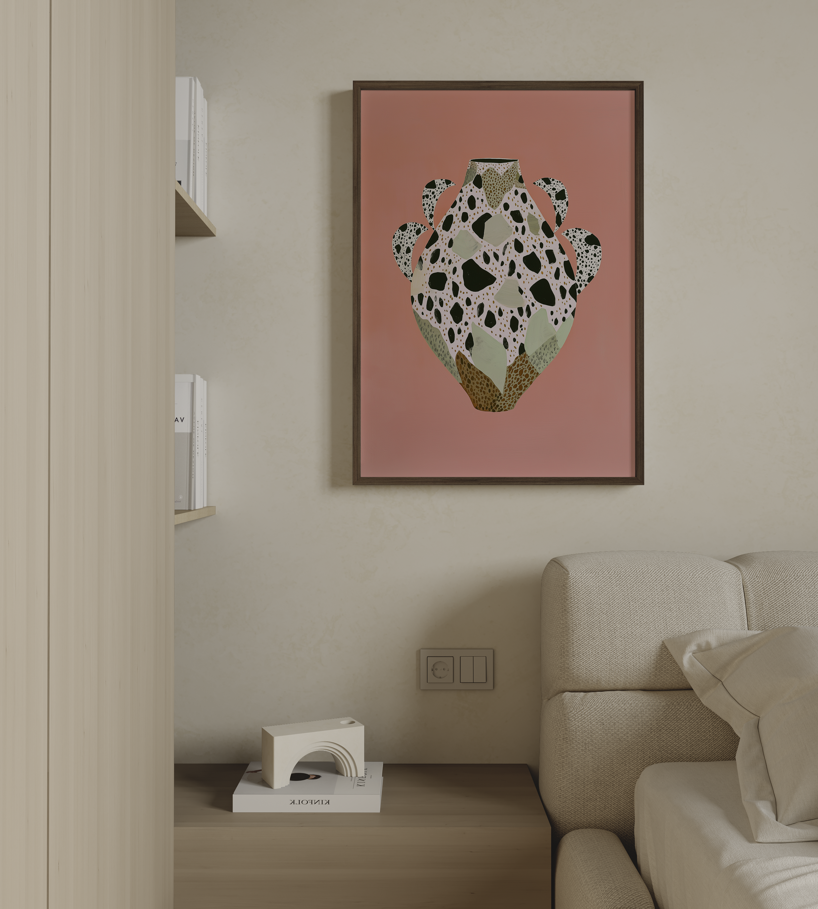 הדפס אמנותי מופשט של כלי דקורטיבי בצבעי ורוד, ירוק ושחור בסגנון מודרני – Arova