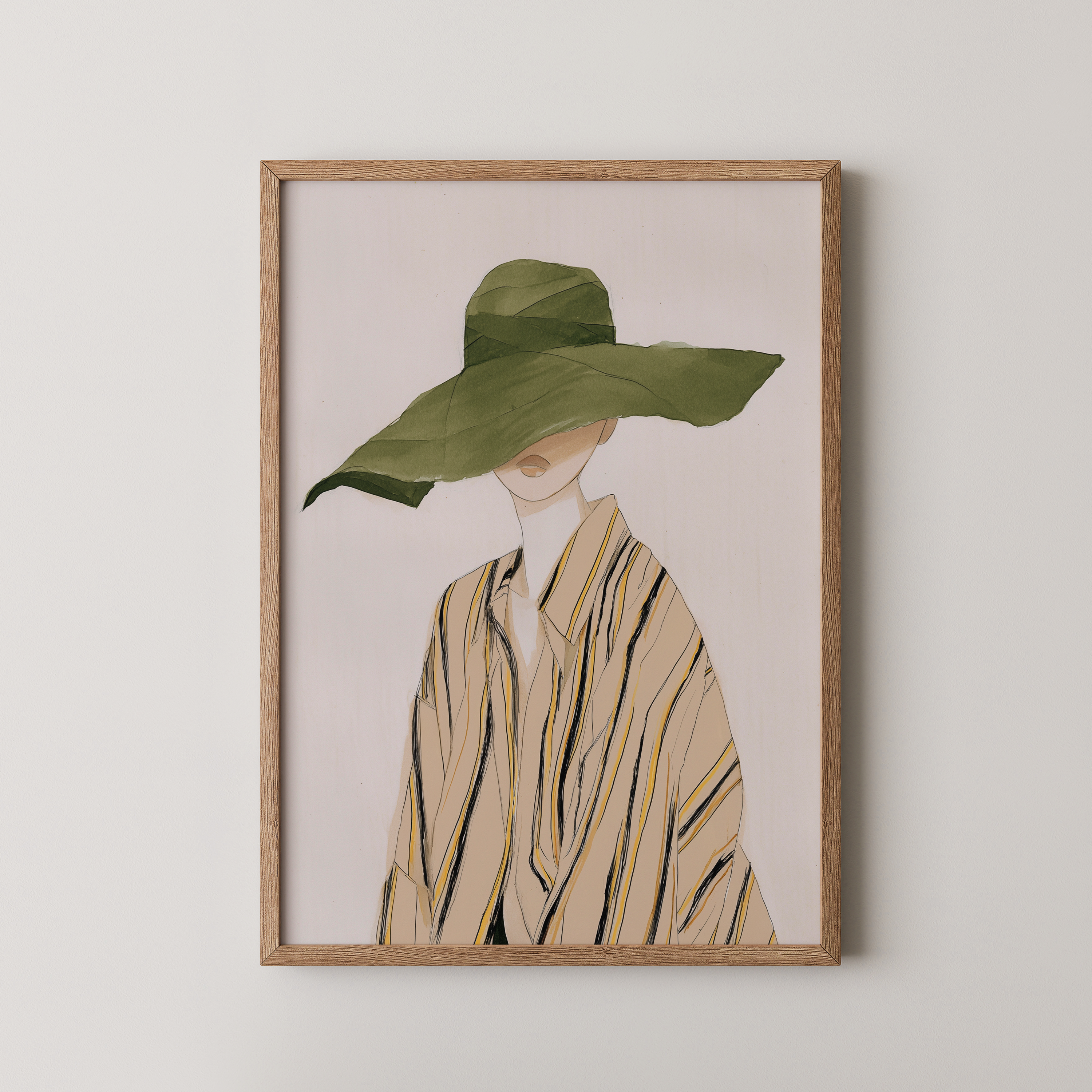 איור נשי אמנותי של דמות בכובע רחב ירוק וחולצה בגוונים טבעיים – יצירה בשם Josette