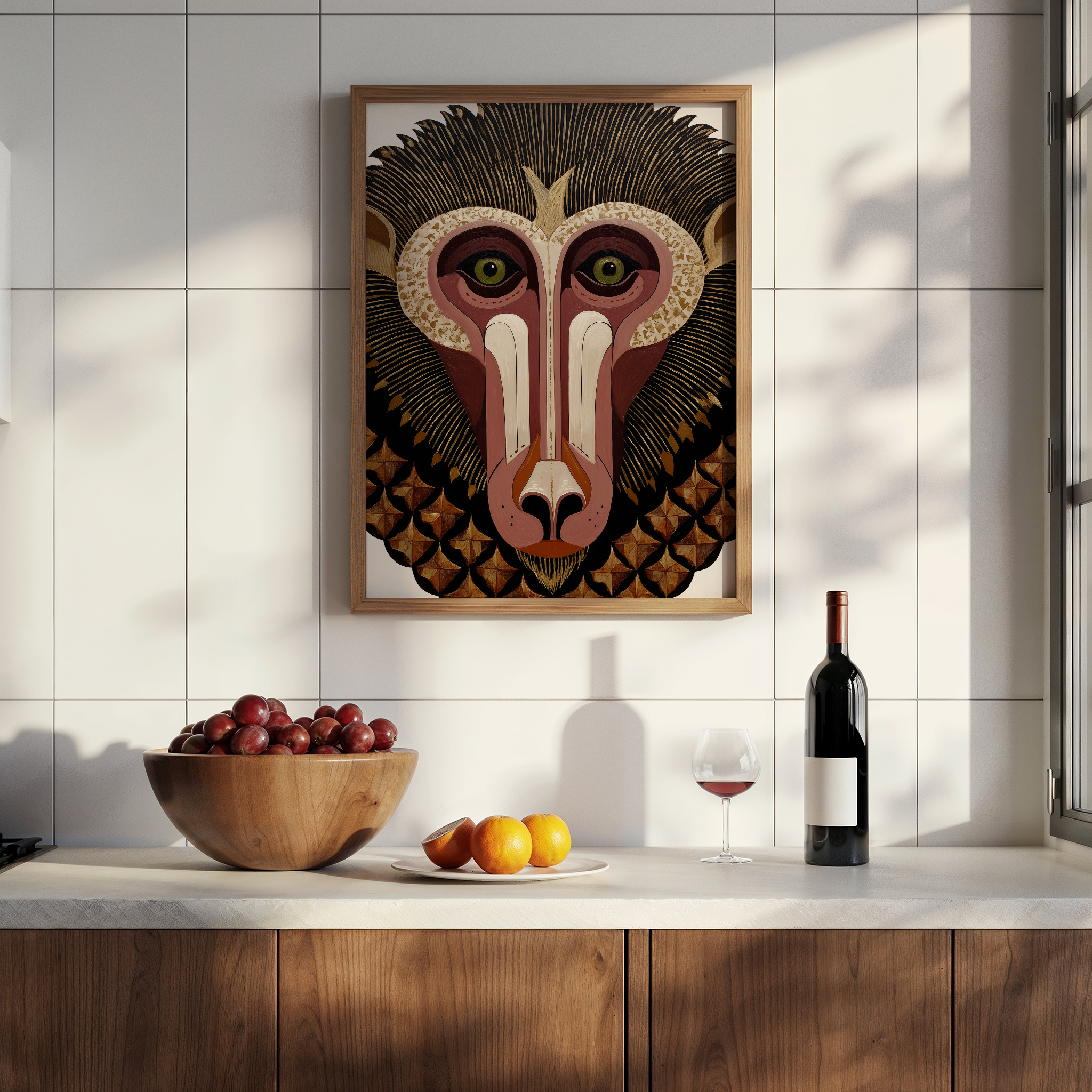 דיוקן גרפי של דמות חייתית בסגנון שבטי, בצבעי חום וזהב, מתוך סדרת Totemoro של Trausi+Tosh.