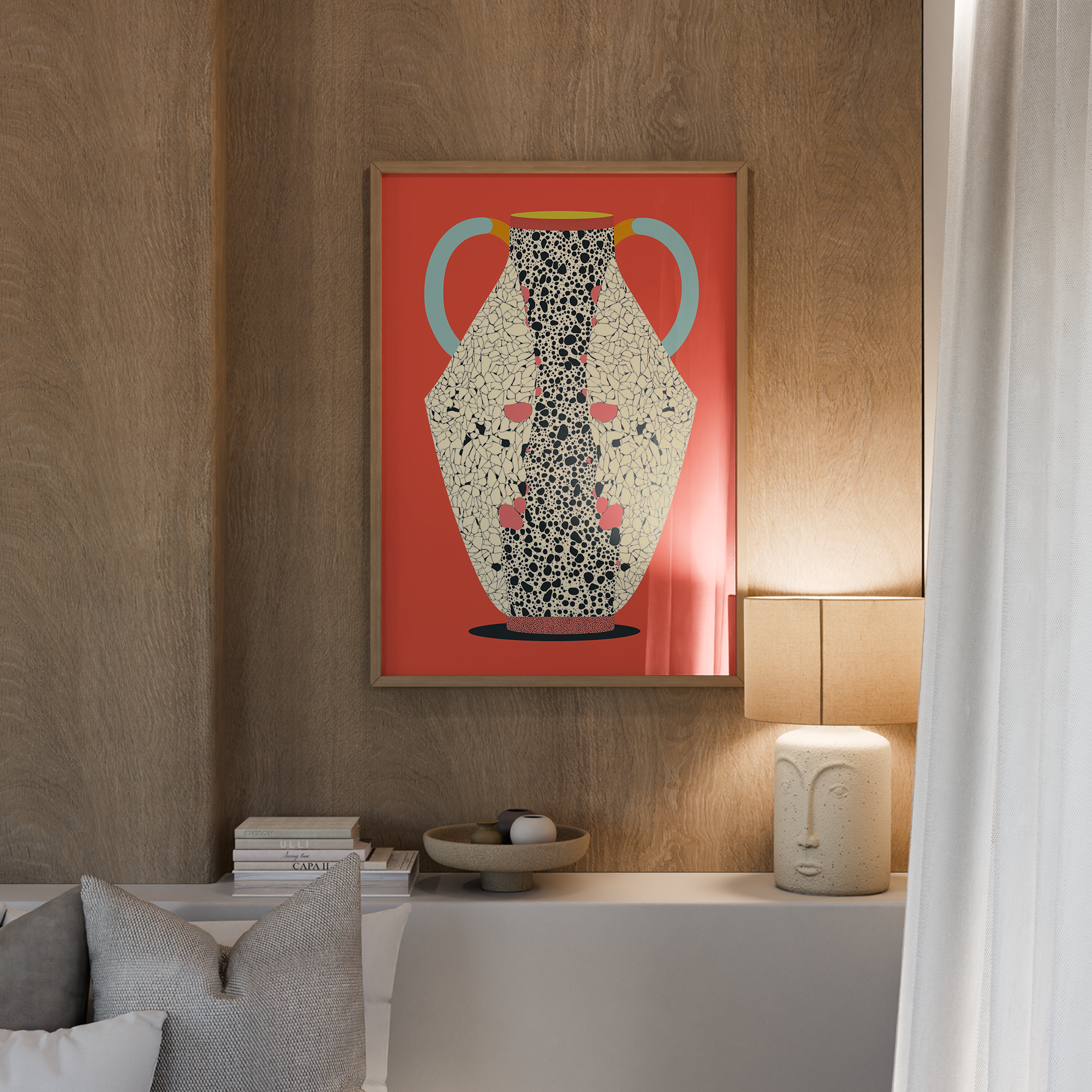 הדפס אמנותי מינימליסטי בהשראת כלי חרס עם דוגמת טרצו שחור ורקע אדמדם, יצירה בשם Tavora