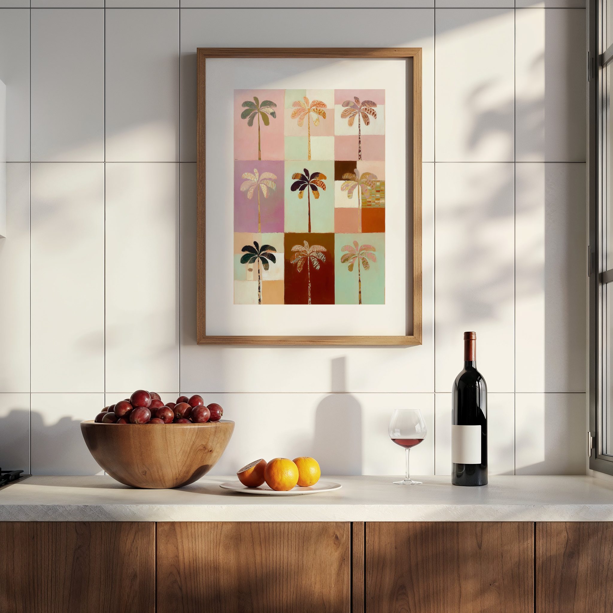 Costa – יצירה ממוסגרת עם עצי דקל צבעוניים במשבצות גרפיות בגווני ורוד, ירוק וחום
