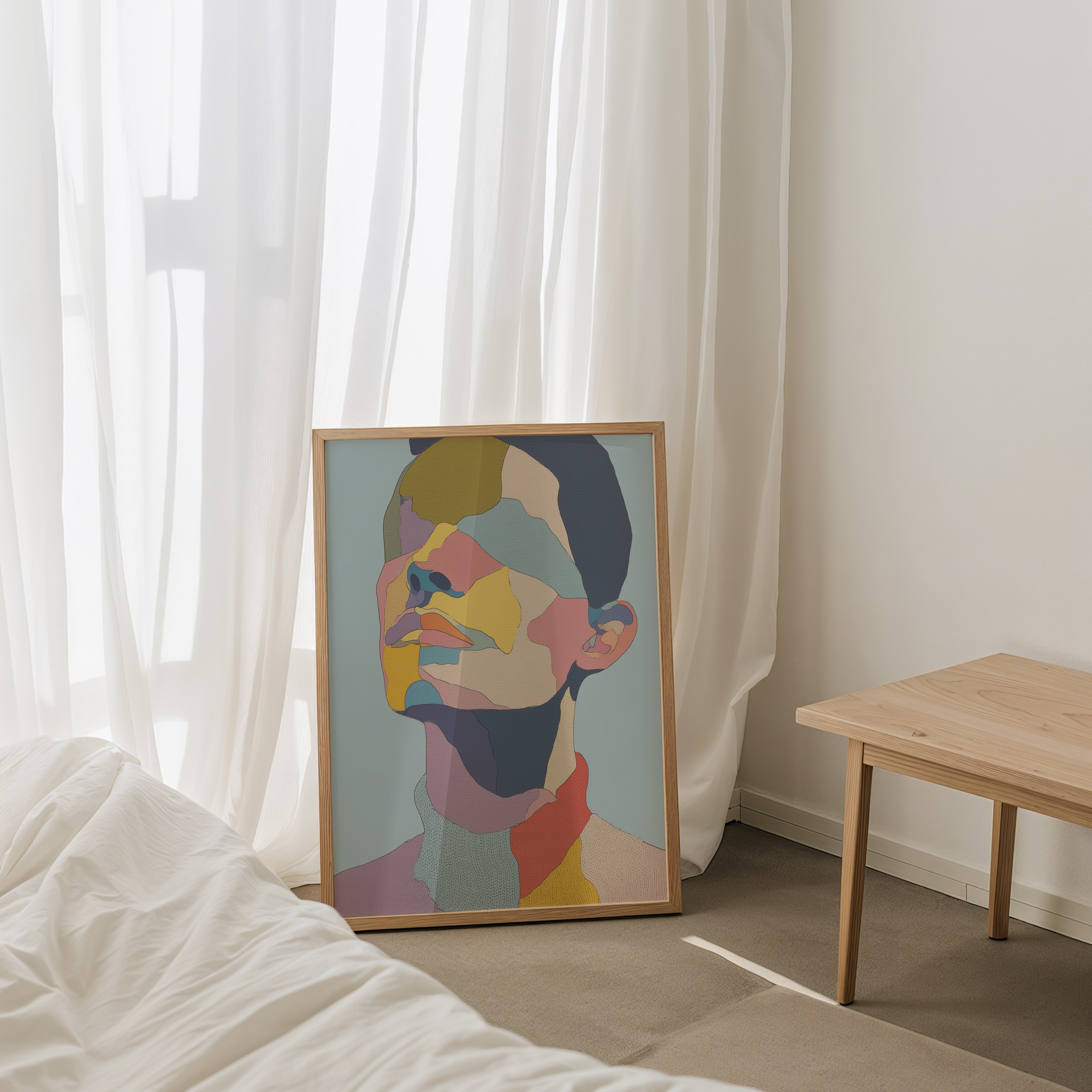 יצירה ממוסגרת Vérin בצבעים מופשטים על רקע תכלת – Trausi+Tosh