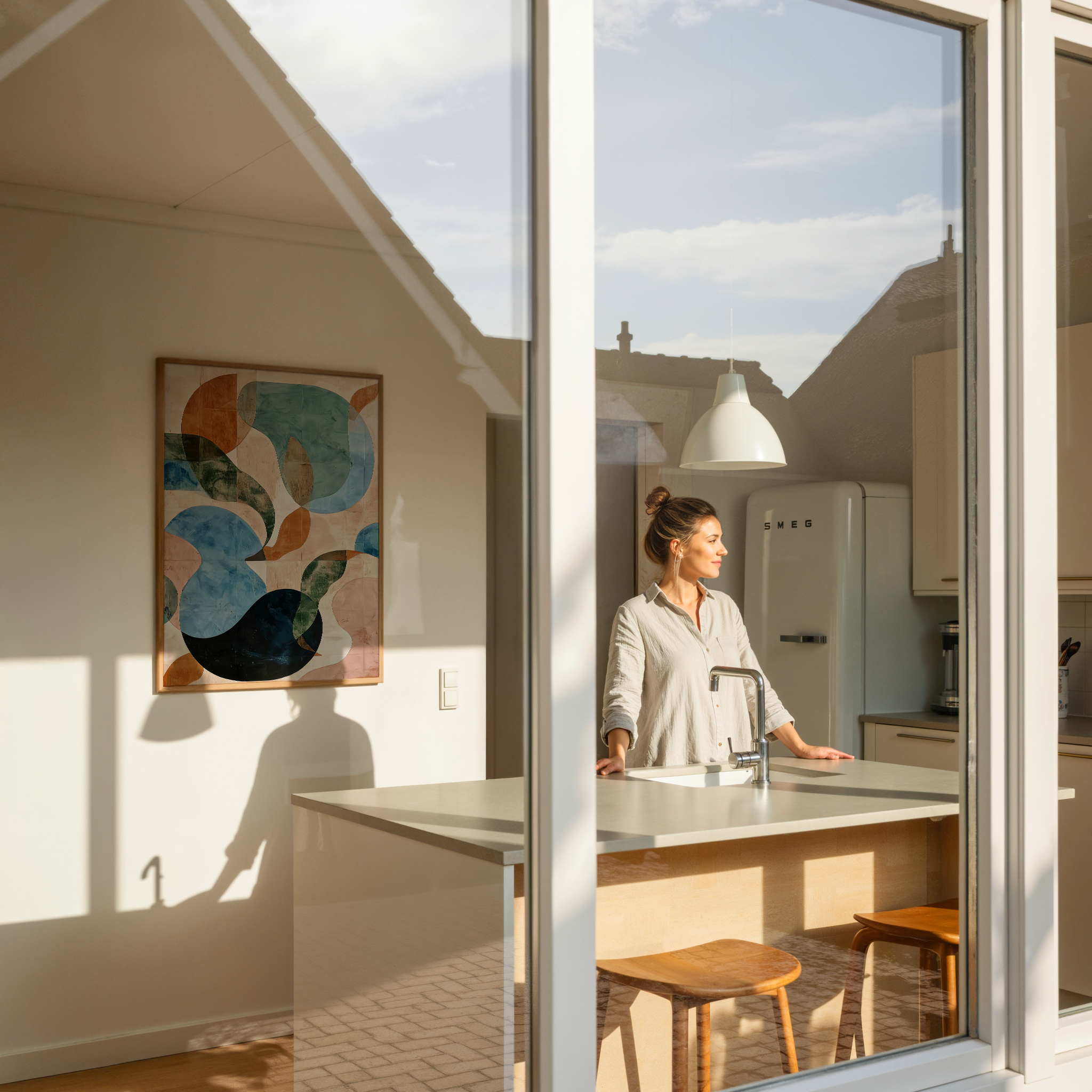 הדפס גיאומטרי־מופשט בצבעים טבעיים במסגרת עץ – יצירת אמנות בשם Miva מקולקציית טראוזי וטוש.