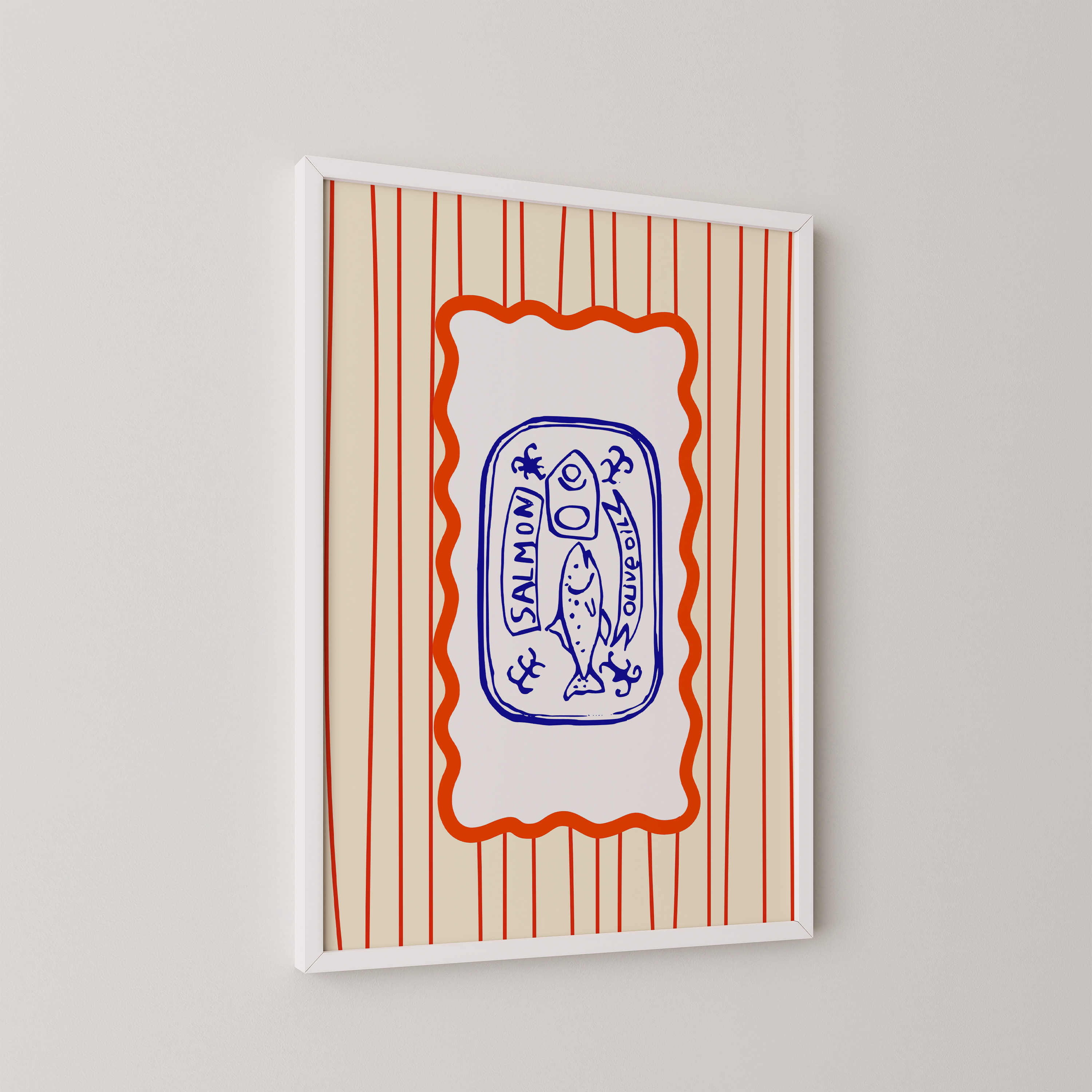 Colorful print of a stylized sardine can with a salmon illustration, blue and red graphic lines by The Left Handed.