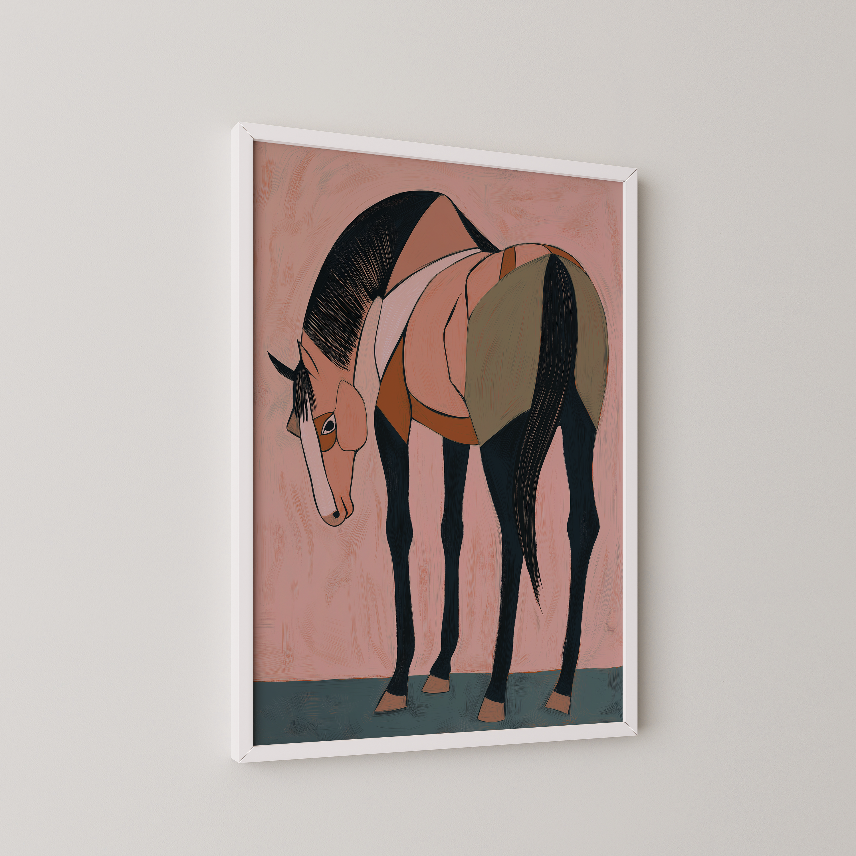 הדפס אמנותי ממוסגר בסגנון מינימליסטי של דמות סוס בקווים רכים ובגווני חום, ורוד ושחור, תלוי על קיר בהיר