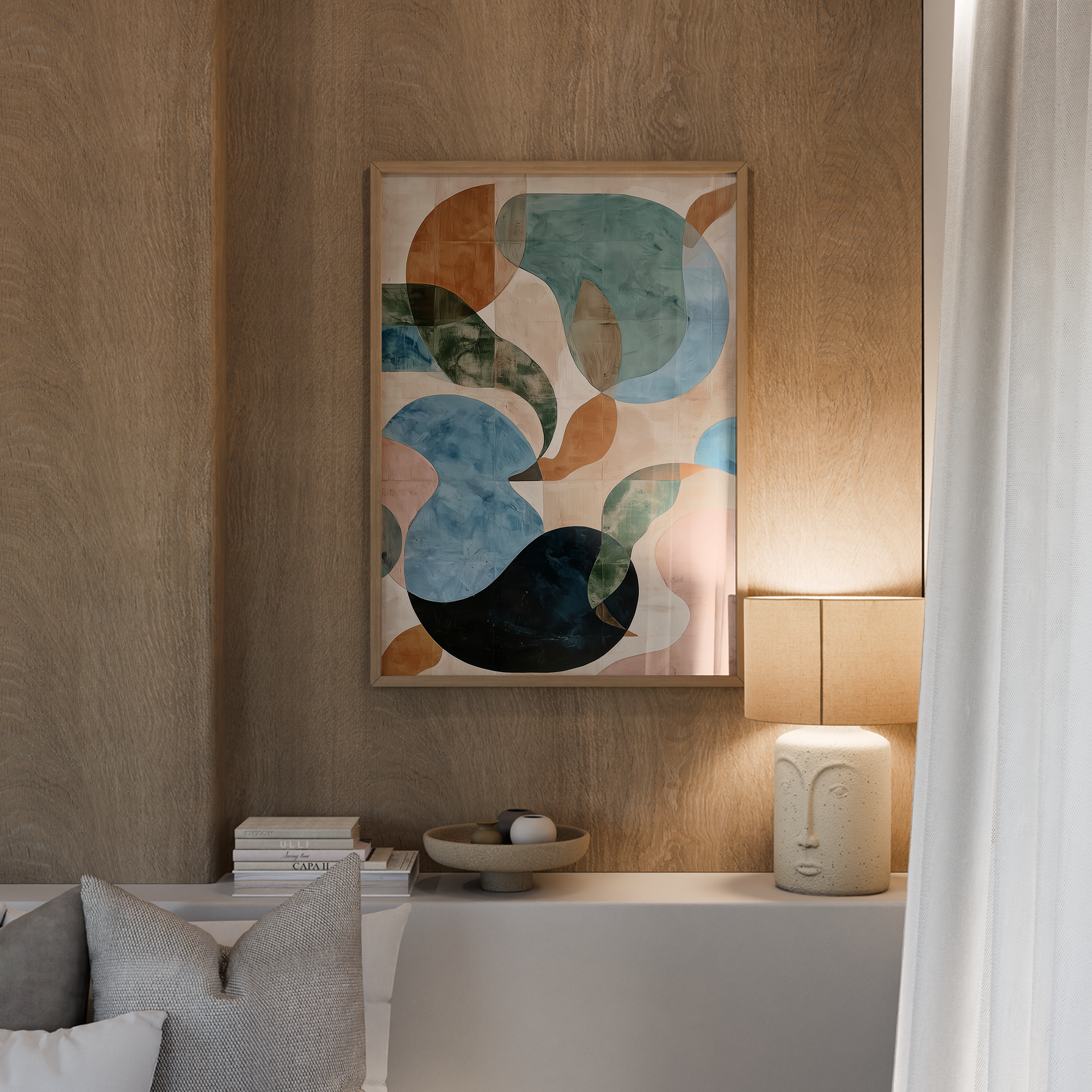 הדפס גיאומטרי־מופשט בצבעים טבעיים במסגרת עץ – יצירת אמנות בשם Miva מקולקציית טראוזי וטוש.