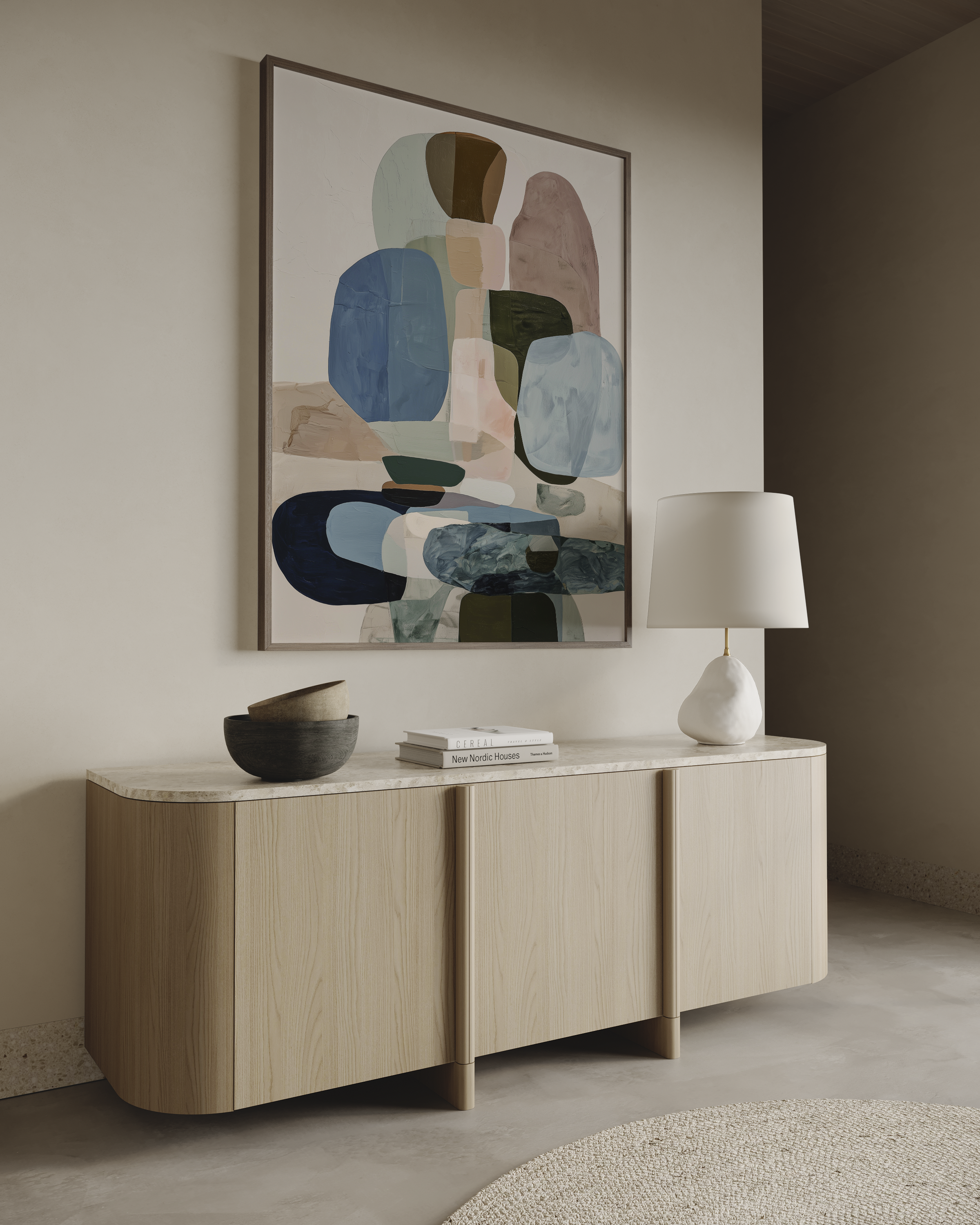 Evarne – יצירה מופשטת בגווני כחול, ירוק וחול עם צורות אורגניות בשכבות