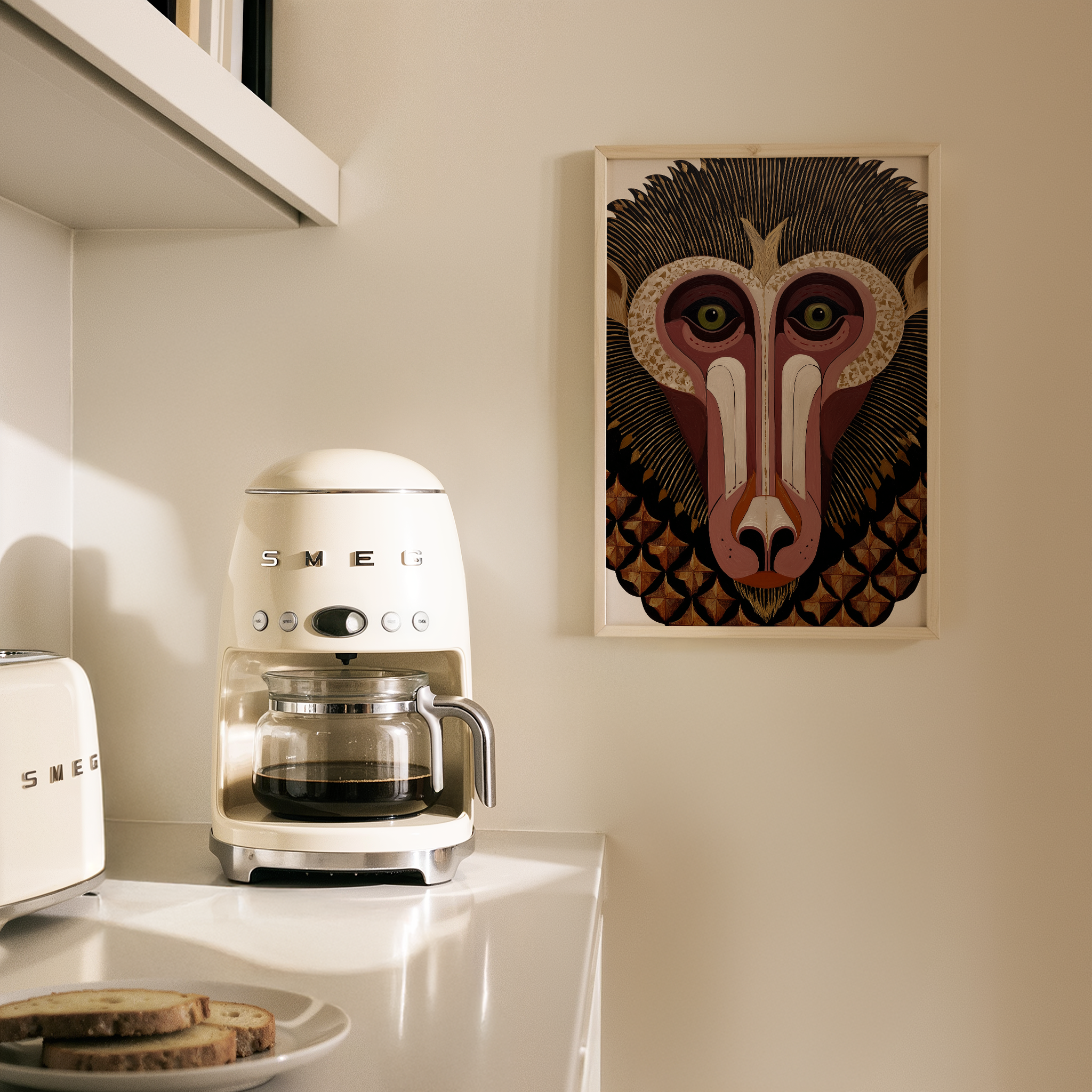 דיוקן גרפי של דמות חייתית בסגנון שבטי, בצבעי חום וזהב, מתוך סדרת Totemoro של Trausi+Tosh.