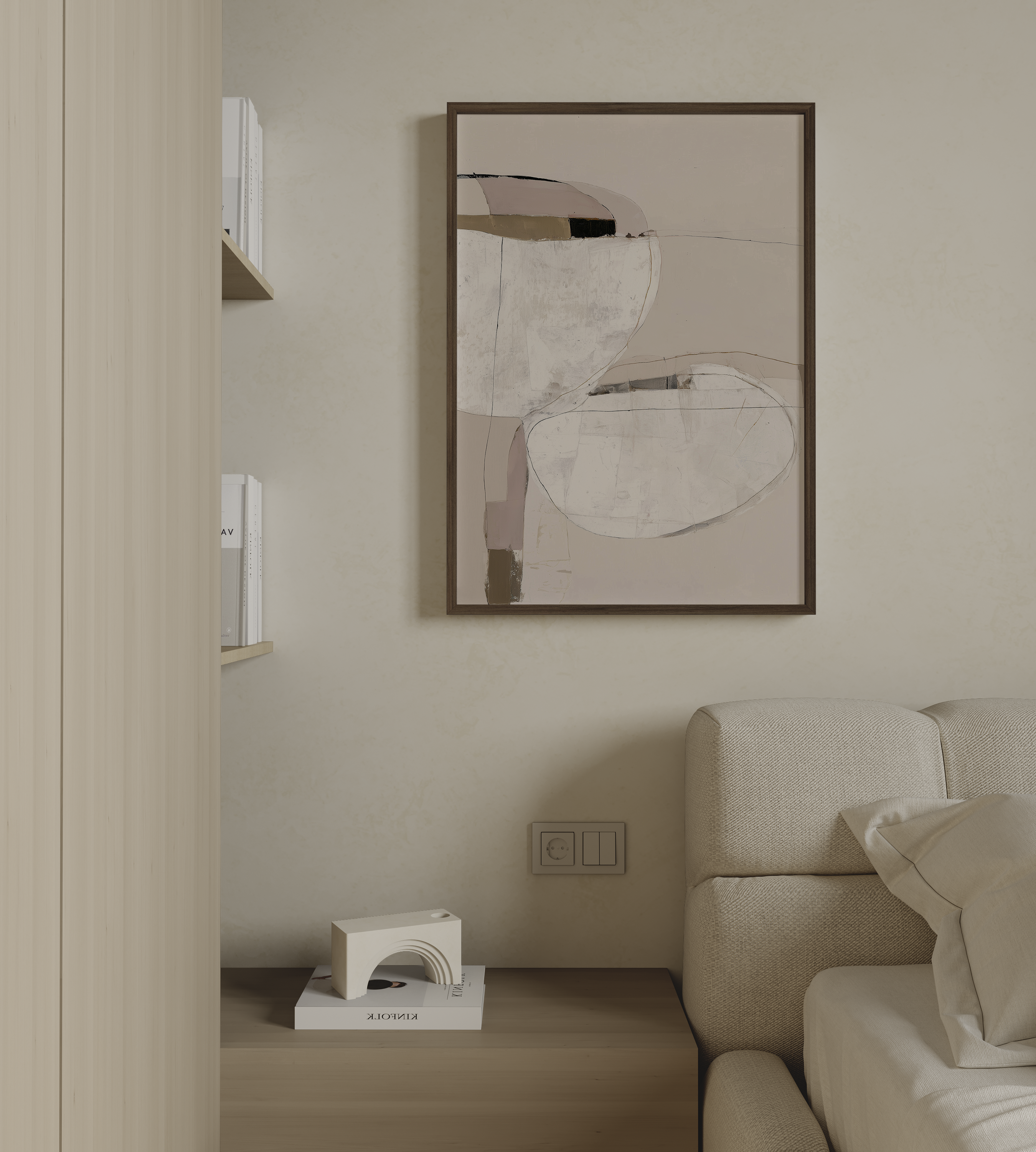 יצירת אמנות מופשטת בגווני שמנת ורוד עדין