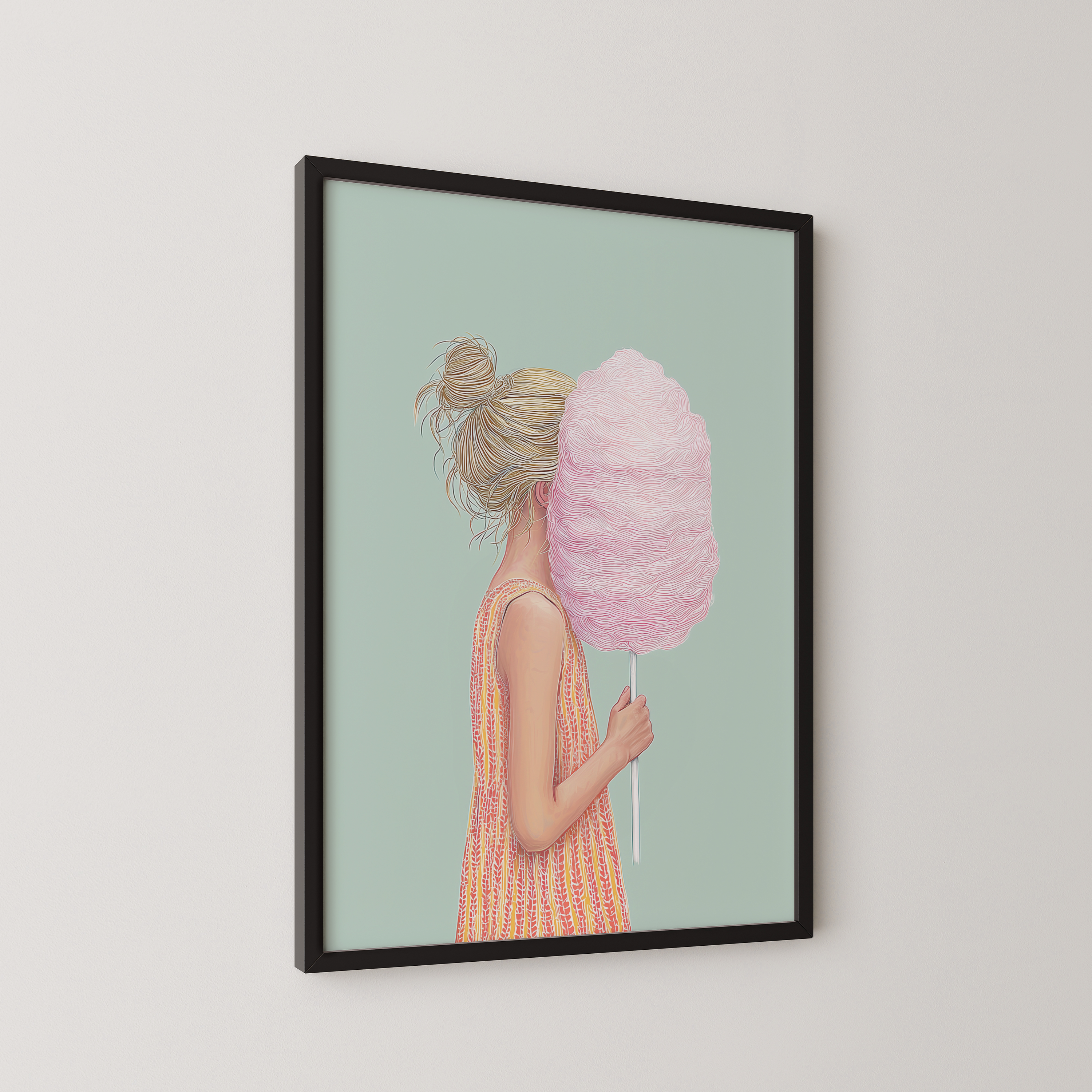 יצירת אמנות Candise – ילדה עם צמר גפן מתוק בצבע ורוד על רקע ירקרק, סגנון מודרני רך.