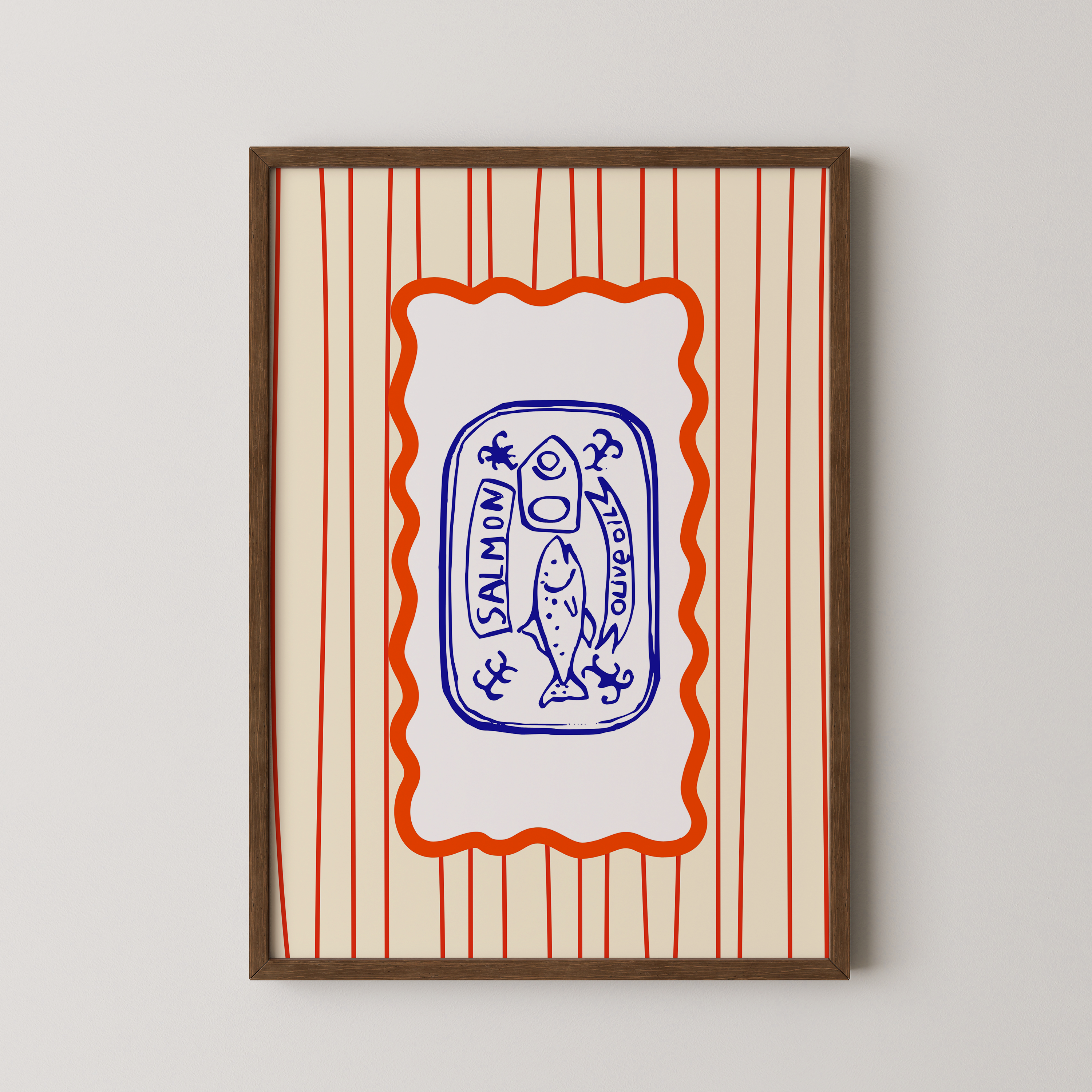 Colorful print of a stylized sardine can with a salmon illustration, blue and red graphic lines by The Left Handed.