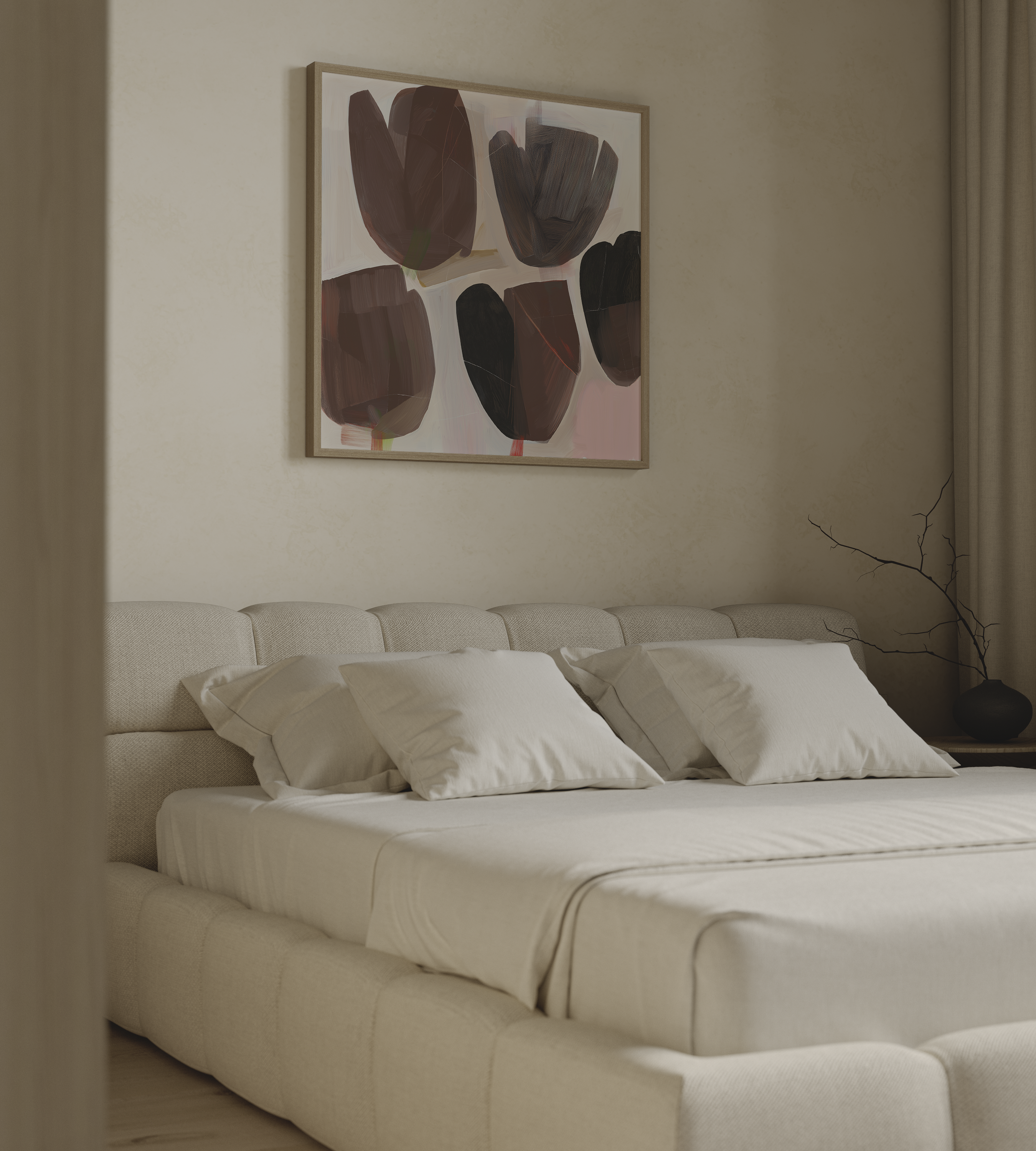 יצירת אמנות מופשטת בגווני חום כהה, בורדו ופחם על רקע בהיר, קומפוזיציה אורגנית עם נוכחות עמוקה במסגרת עץ.