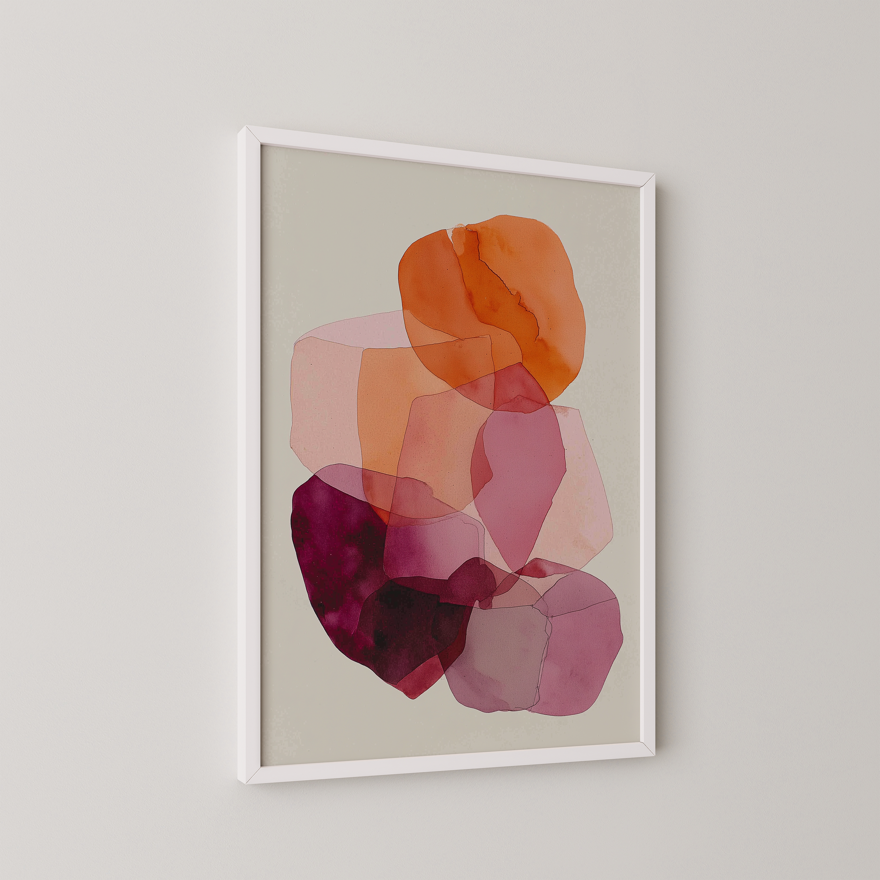 הדפס אמנותי מופשט בשם Solune עם שכבות צבע ורוד, בורדו וכתום על רקע בהיר, בעיצוב רך ומינימליסטי
