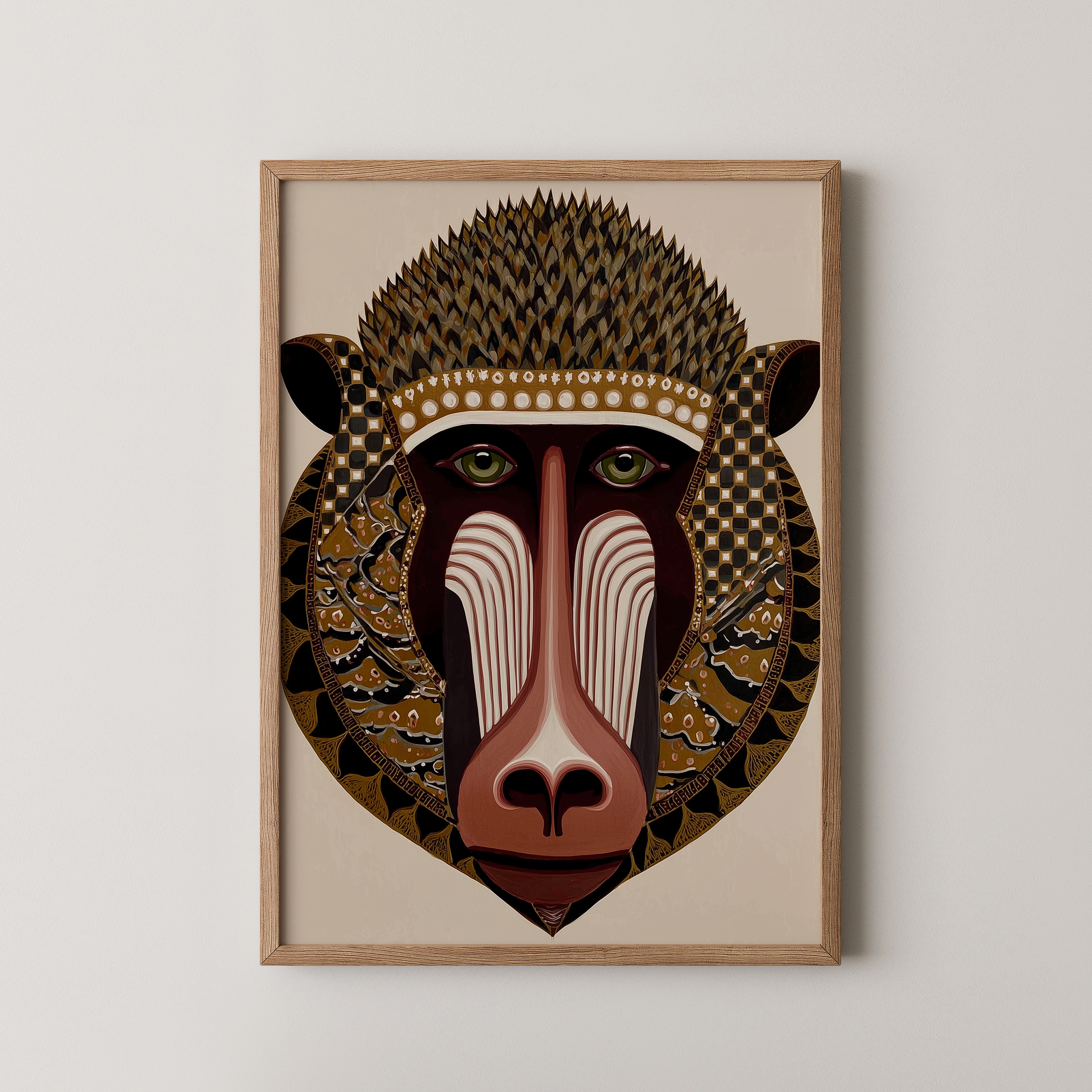 יצירת אמנות בסגנון שבטי–גיאומטרי עם דמות טוטם מפורטת בצבעי חום וזהב.