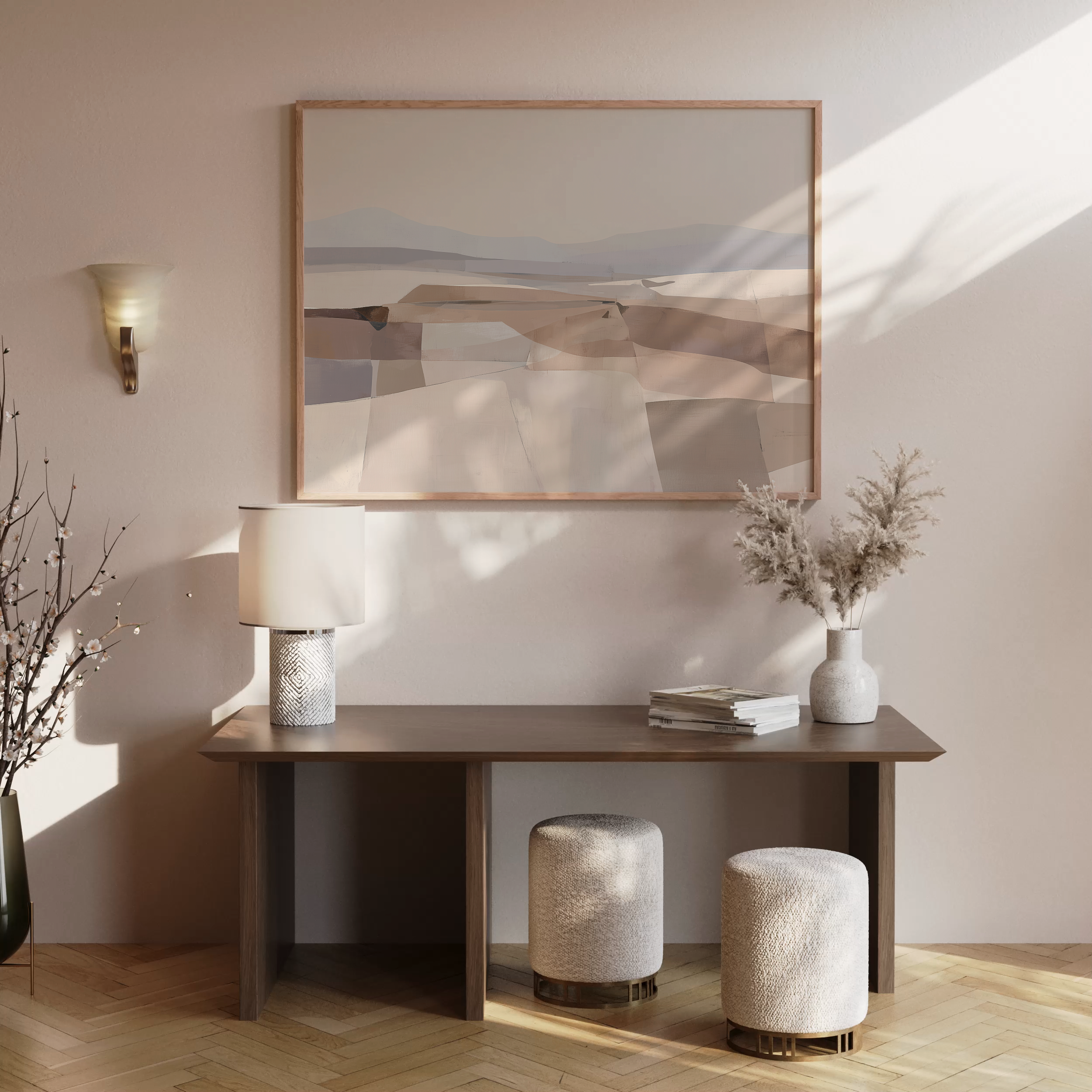 יצירת אמנות מופשטת-נופית בגווני חול, חום ואפור בהירים במסגרת עץ – Serava.