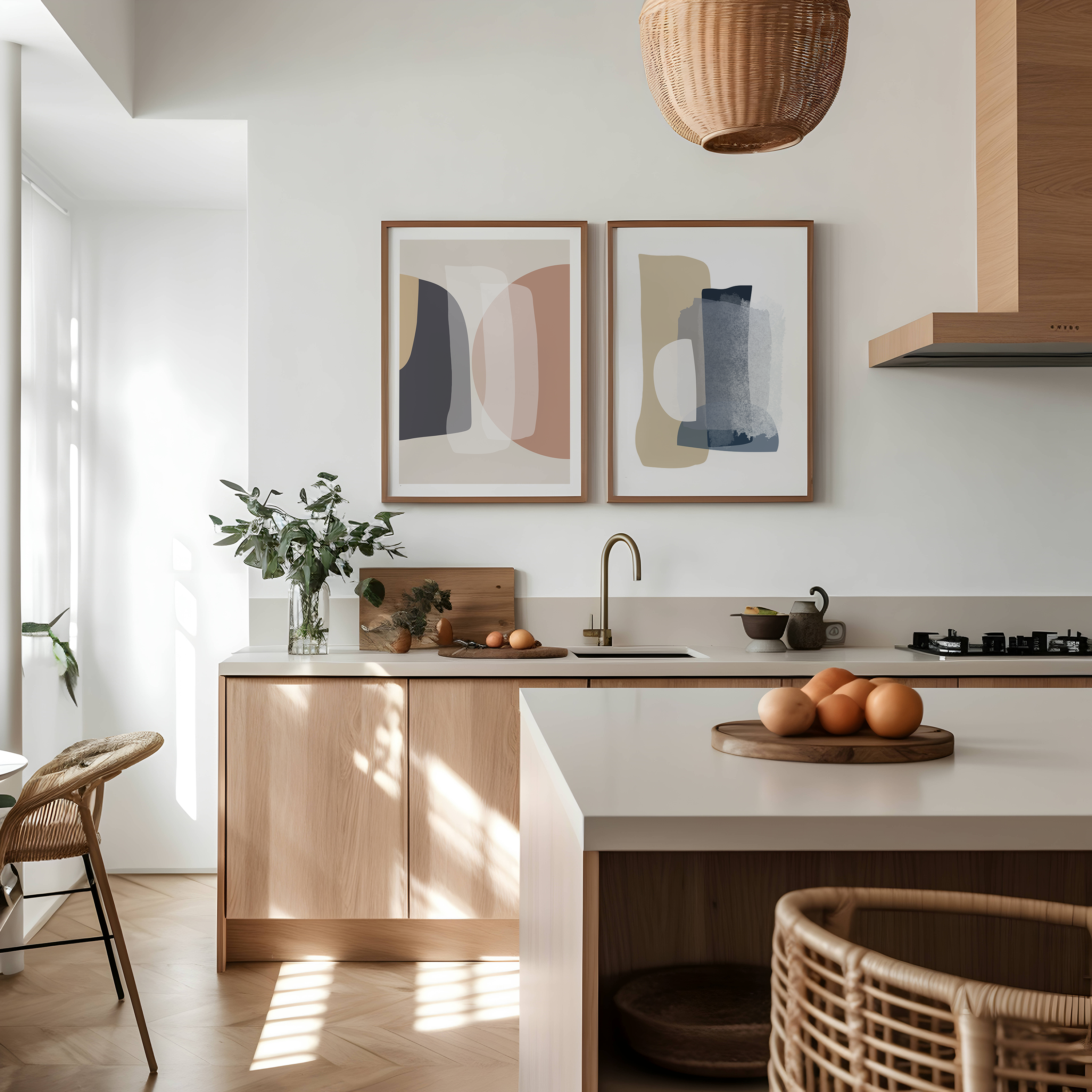 סט של שני פוסטרים ממוסגרים בסגנון אבסטרקטי, עם צורות אורגניות בגווני בז', כחול עמוק ואפרסק, המשדרים הרמוניה ורוגע.